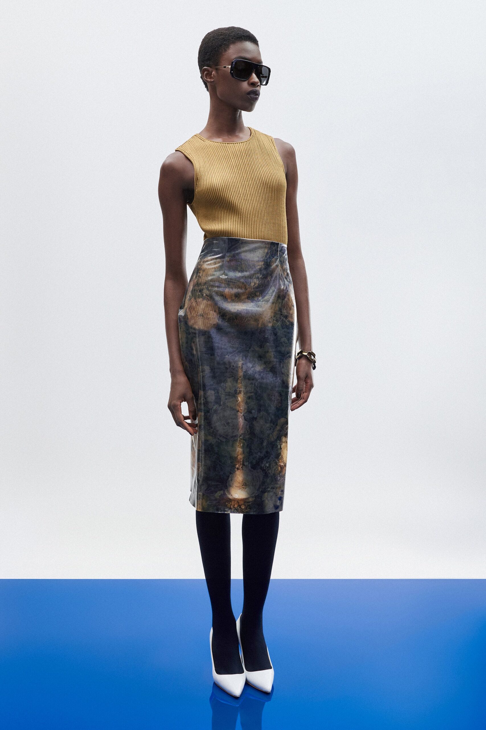 yellow cotton sleeveless high-neck fitted pleated printed dress