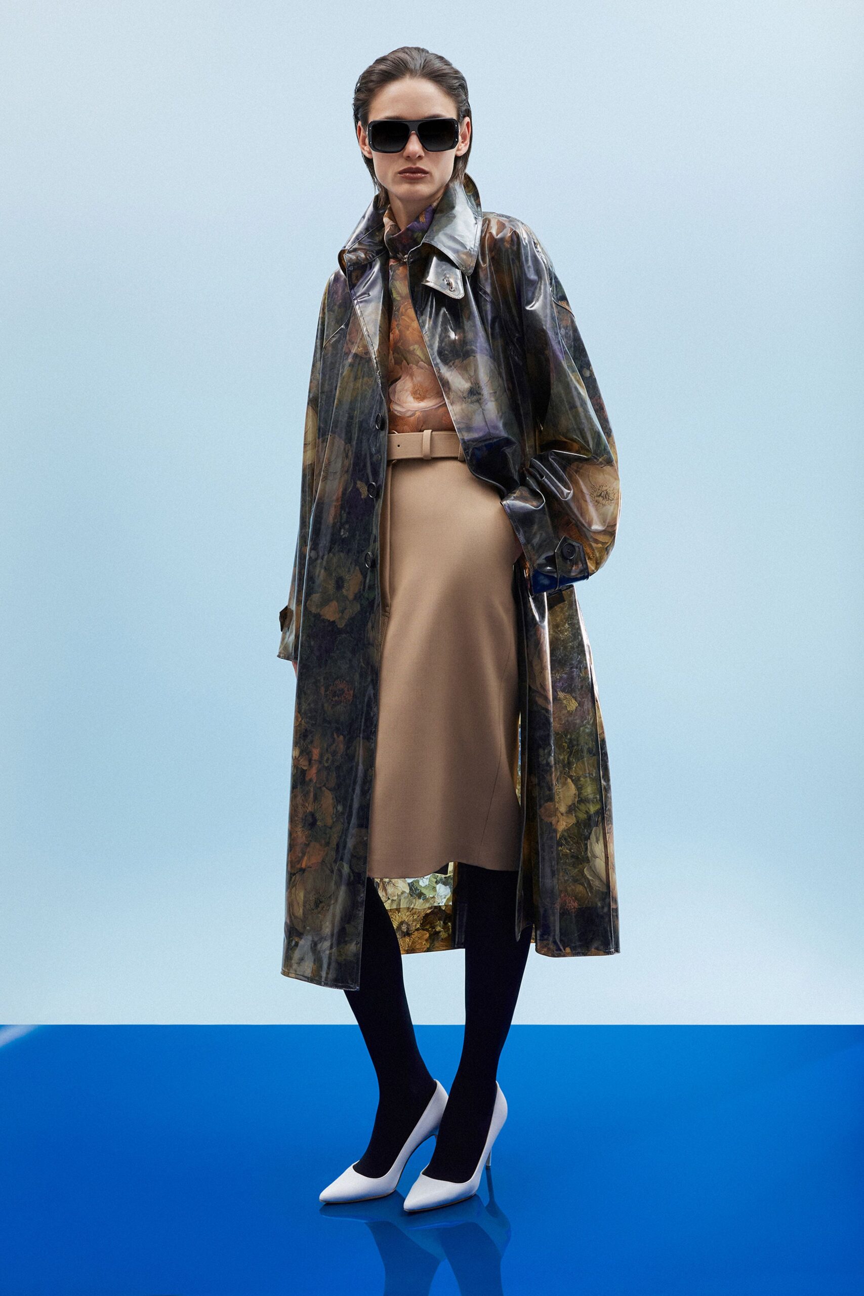 multi vinyl long-sleeve collared relaxed floral zippered coat