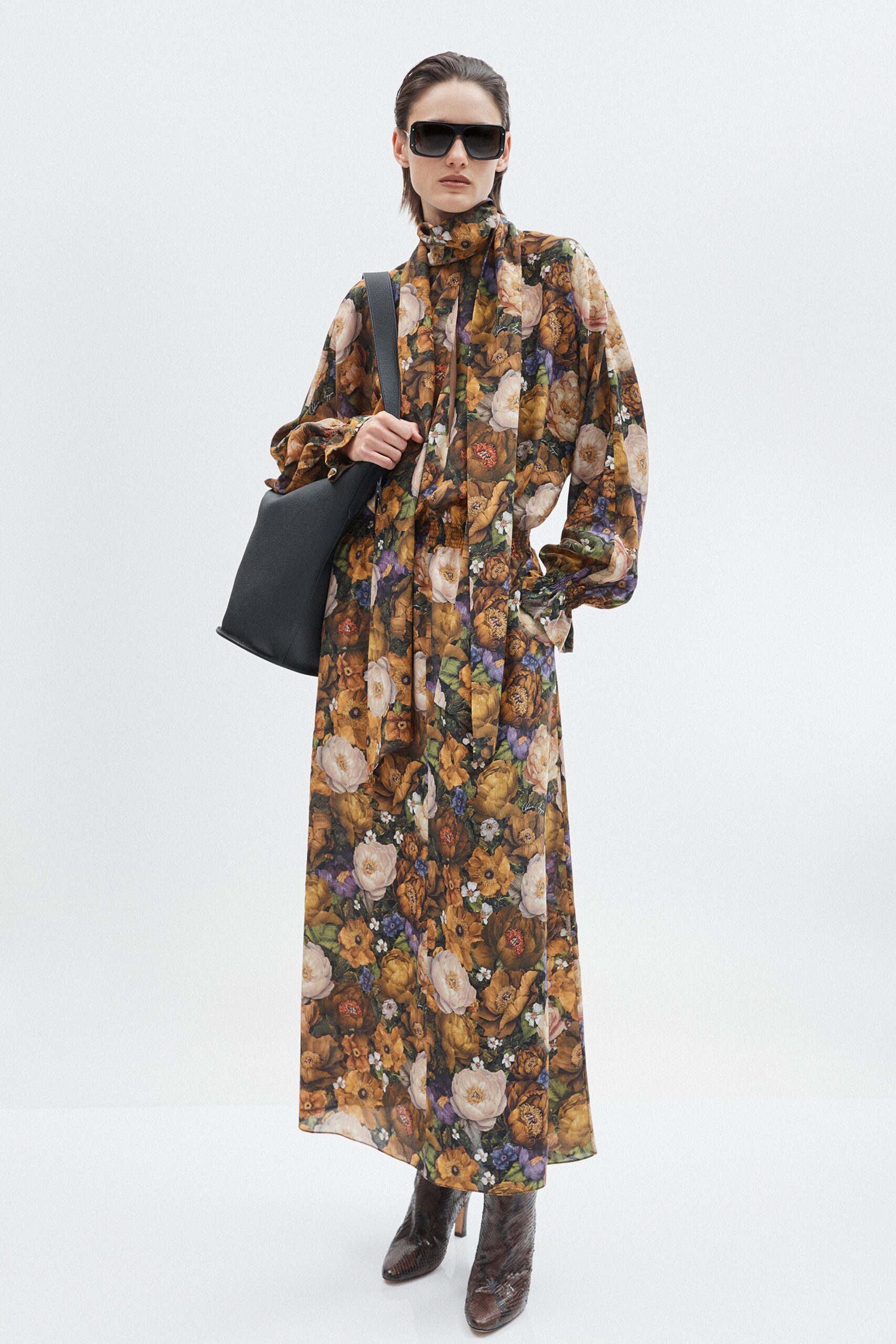 multi chiffon long-sleeve collared relaxed floral tiered dress
