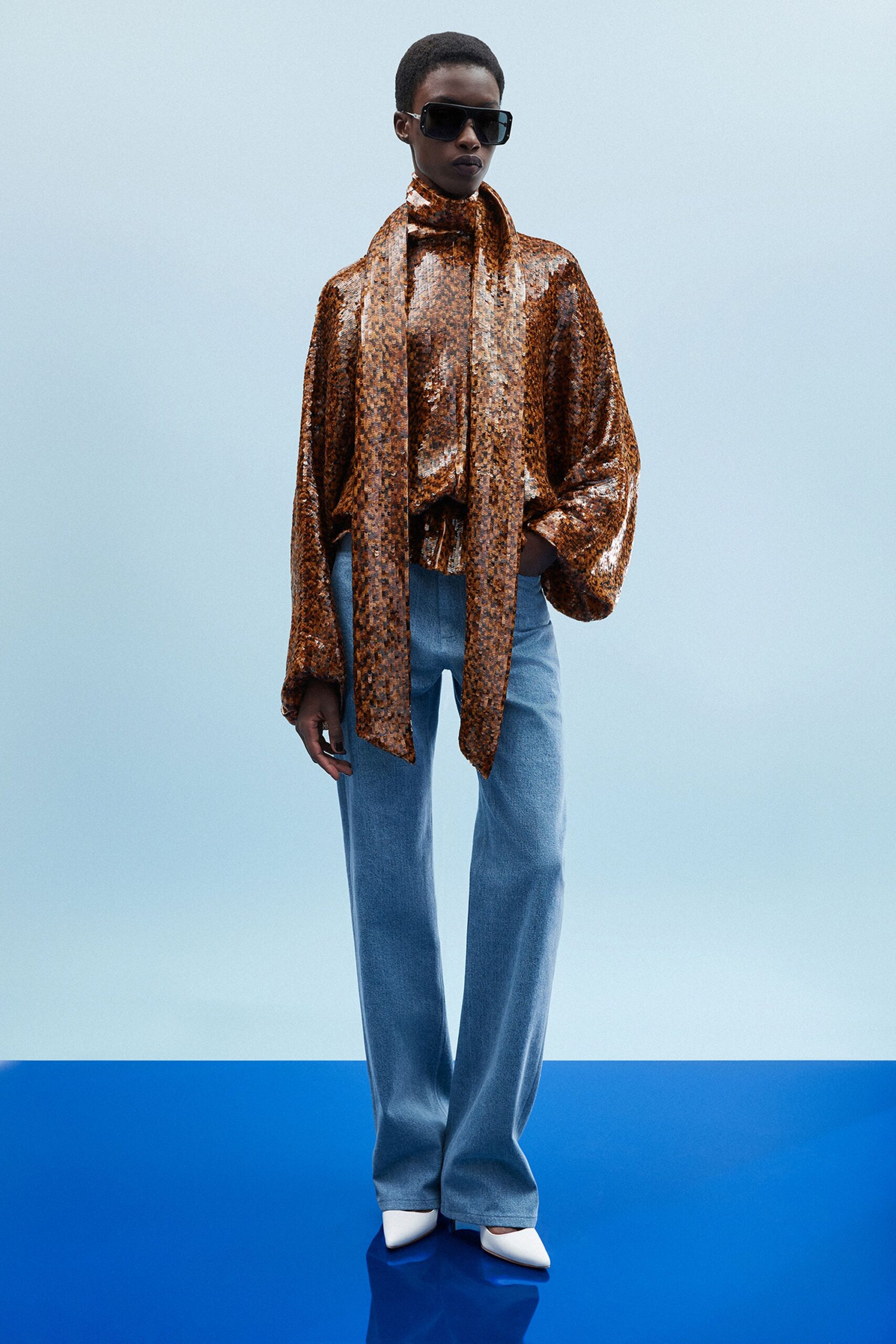 orange sequin long-sleeve collared relaxed layered shiny top