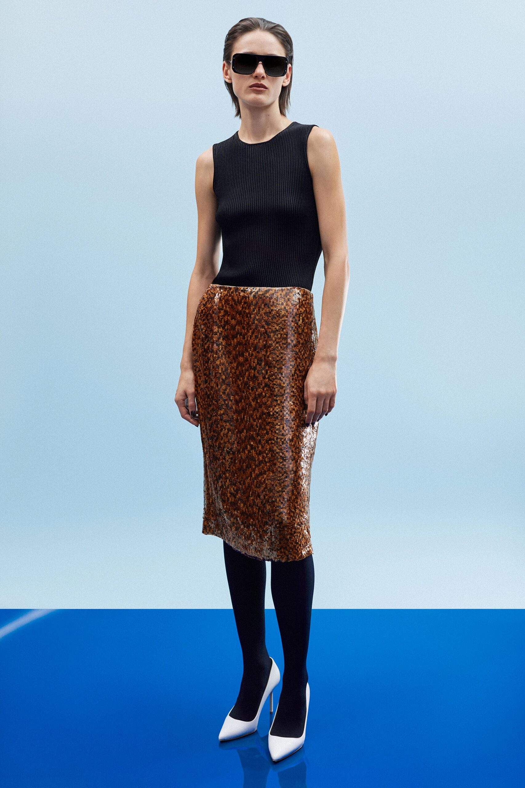 brown silk fitted pencil shiny midi skirt