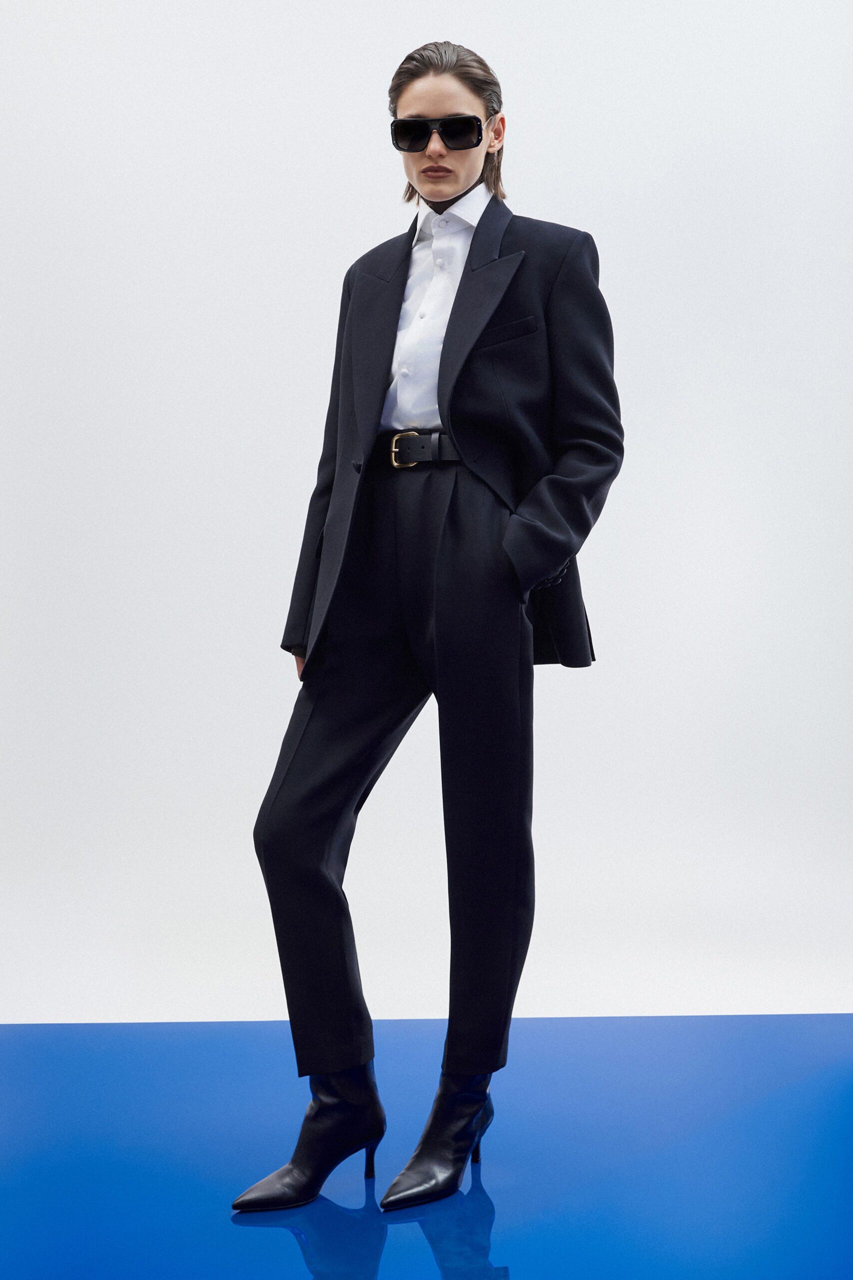 black wool tailored high-waisted straight-leg pants