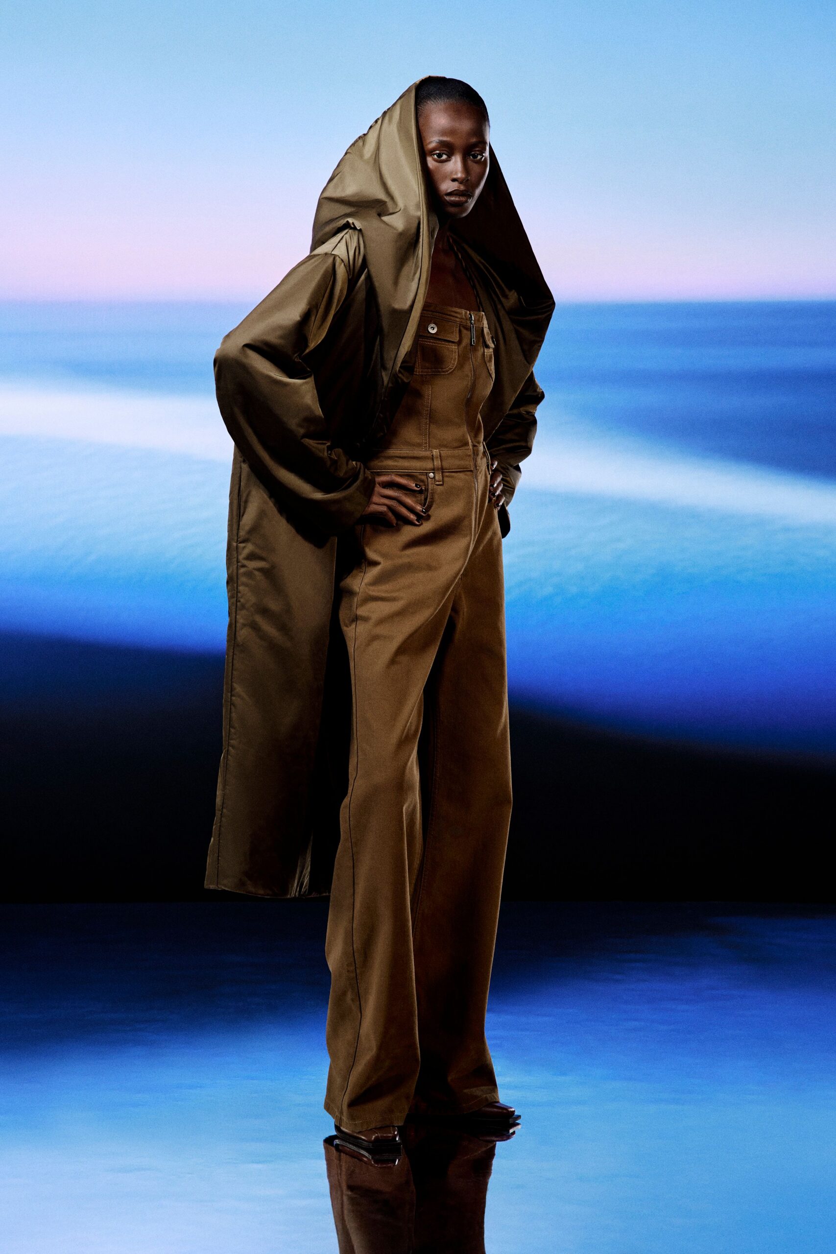 green silk long-sleeve hooded relaxed draped coat