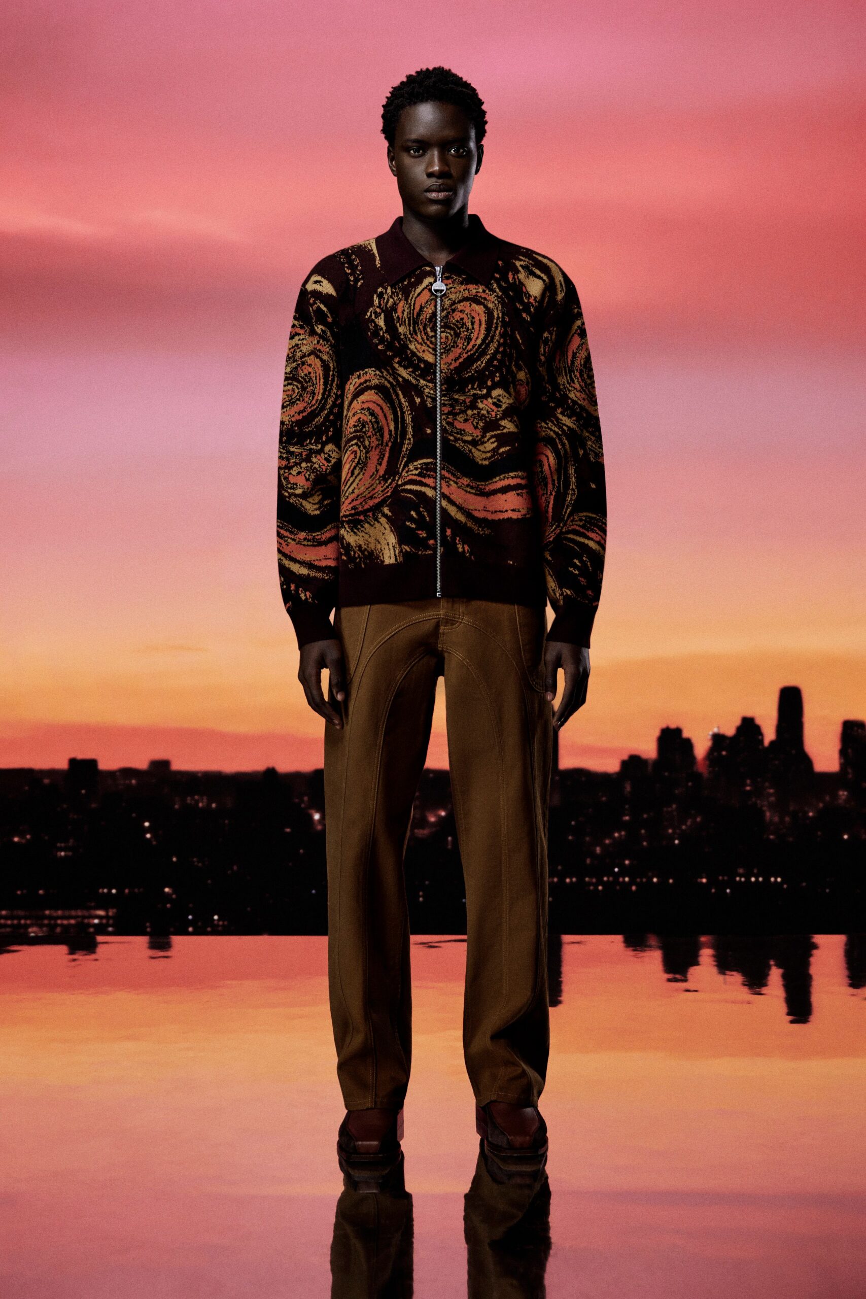 black wool long-sleeve collared fitted printed sweater