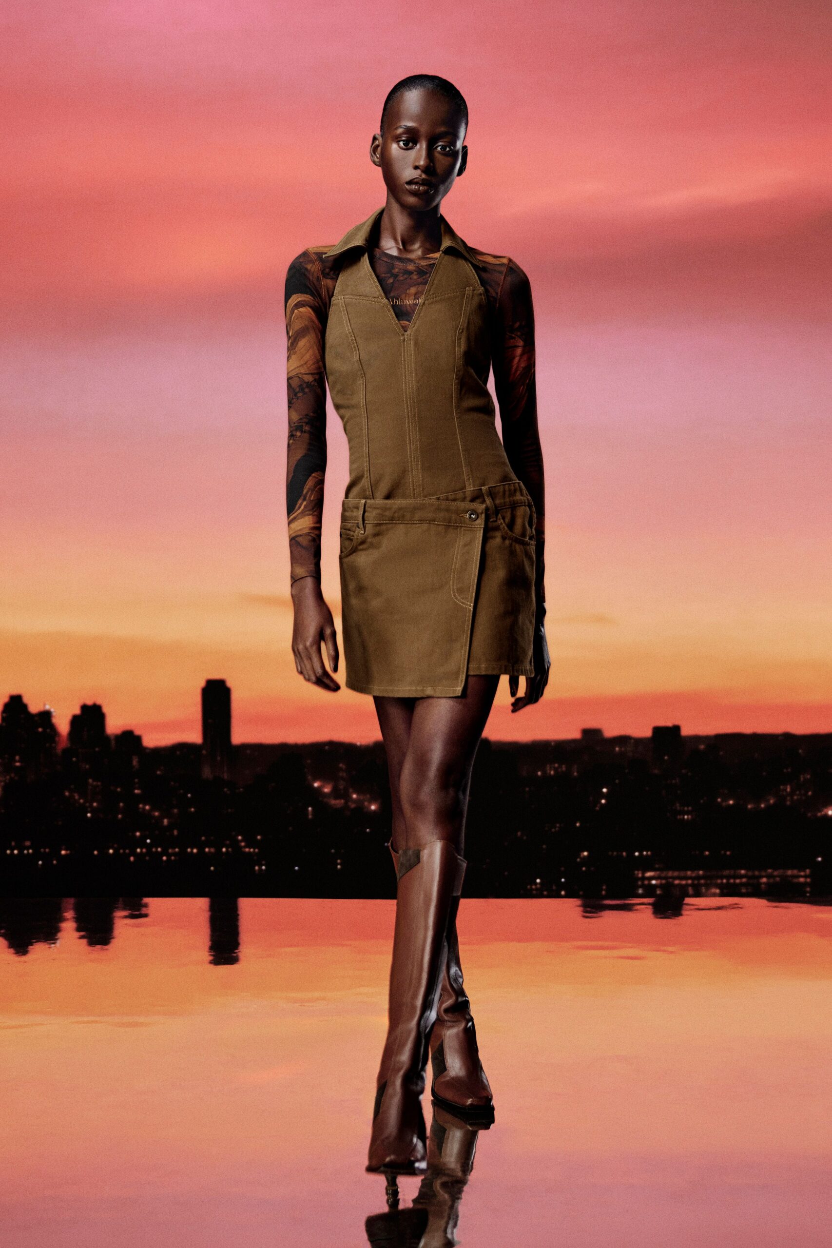 brown cotton long-sleeve collared fitted zippered pockets dress