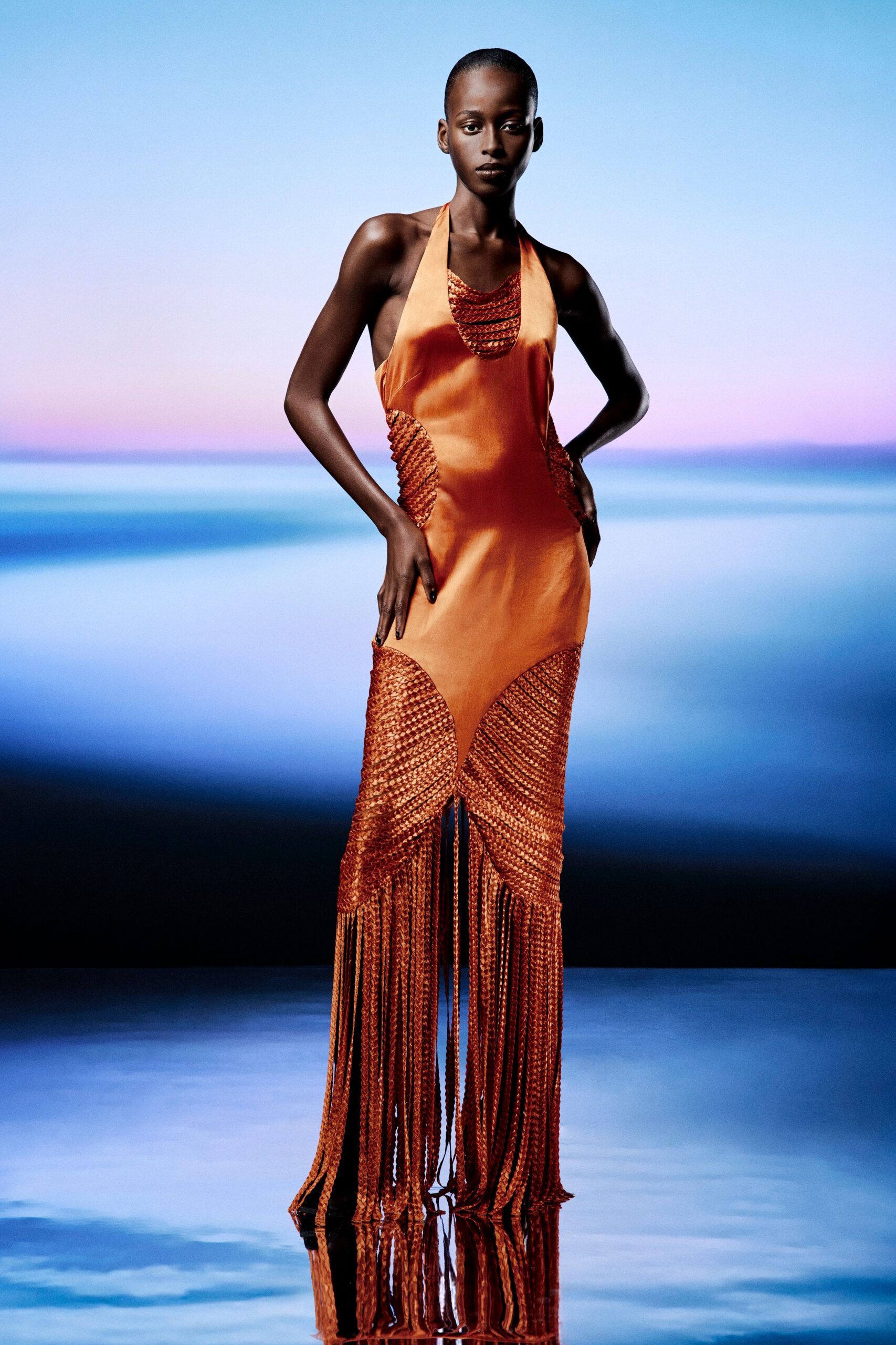 fitted orange silk gown