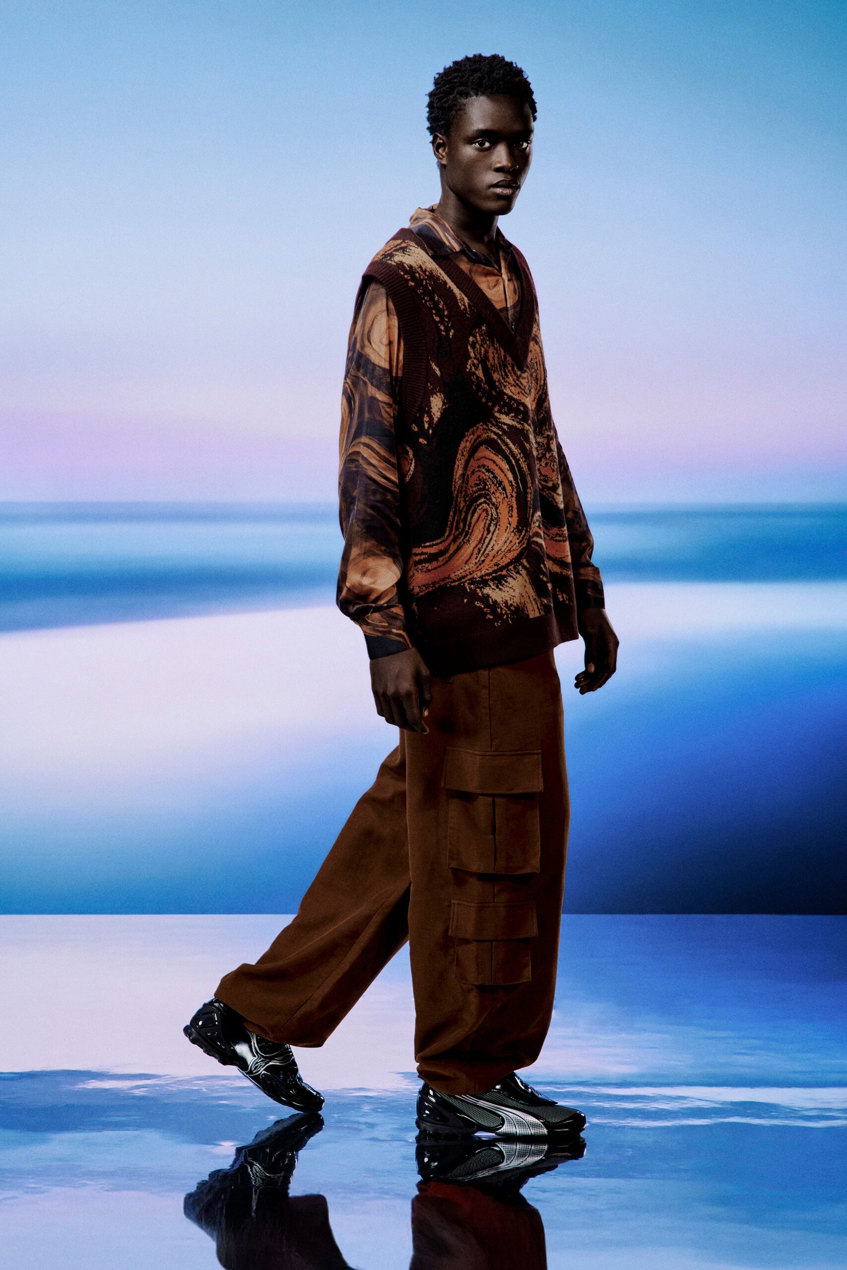 brown silk long-sleeve collared relaxed printed shirt