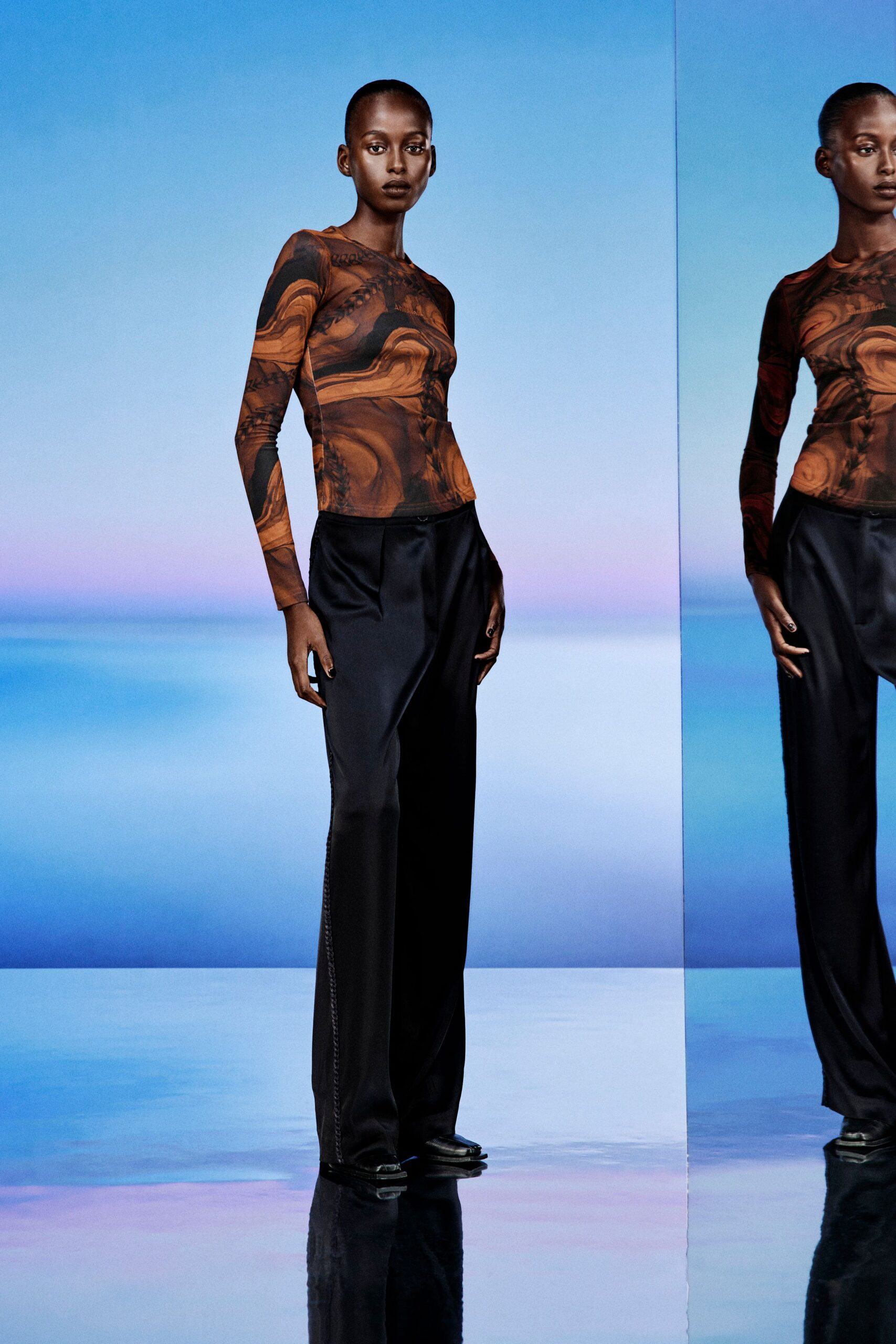 multi silk long-sleeve high-neck fitted printed top