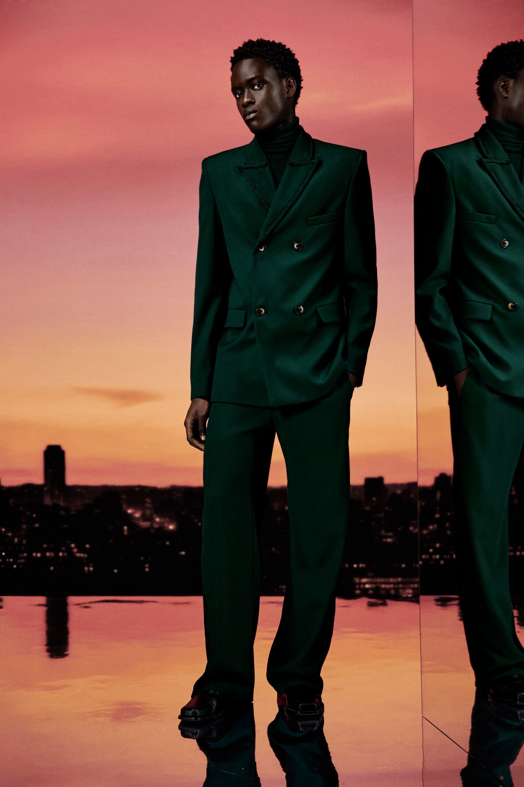 green wool long-sleeve collared tailored suit