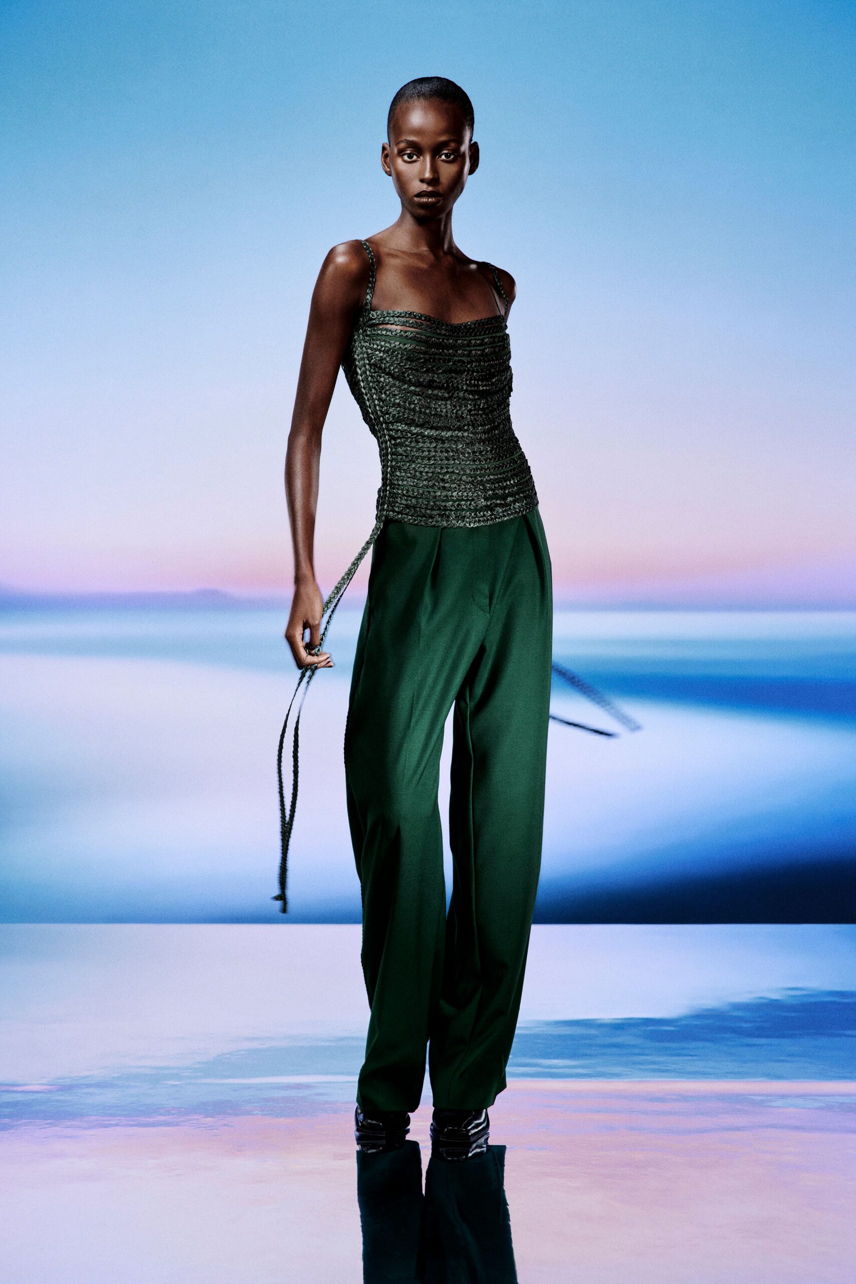 green silk sleeveless off-shoulder fitted ruched top