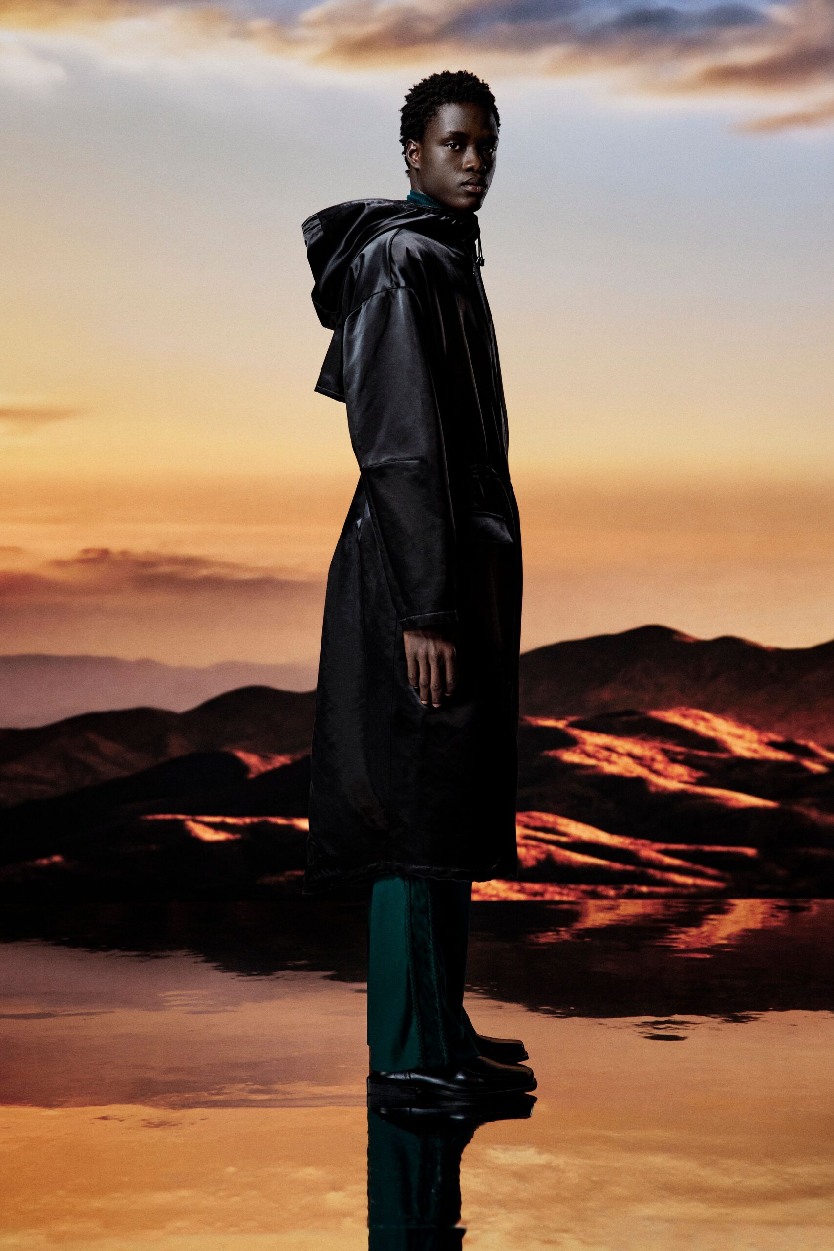black vinyl long-sleeve hooded relaxed shiny maxi coat