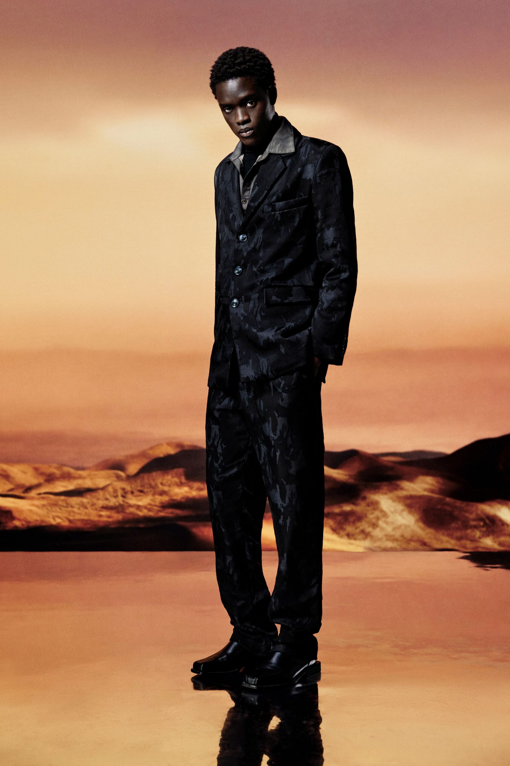 black cotton long-sleeve collared tailored buttoned printed suit