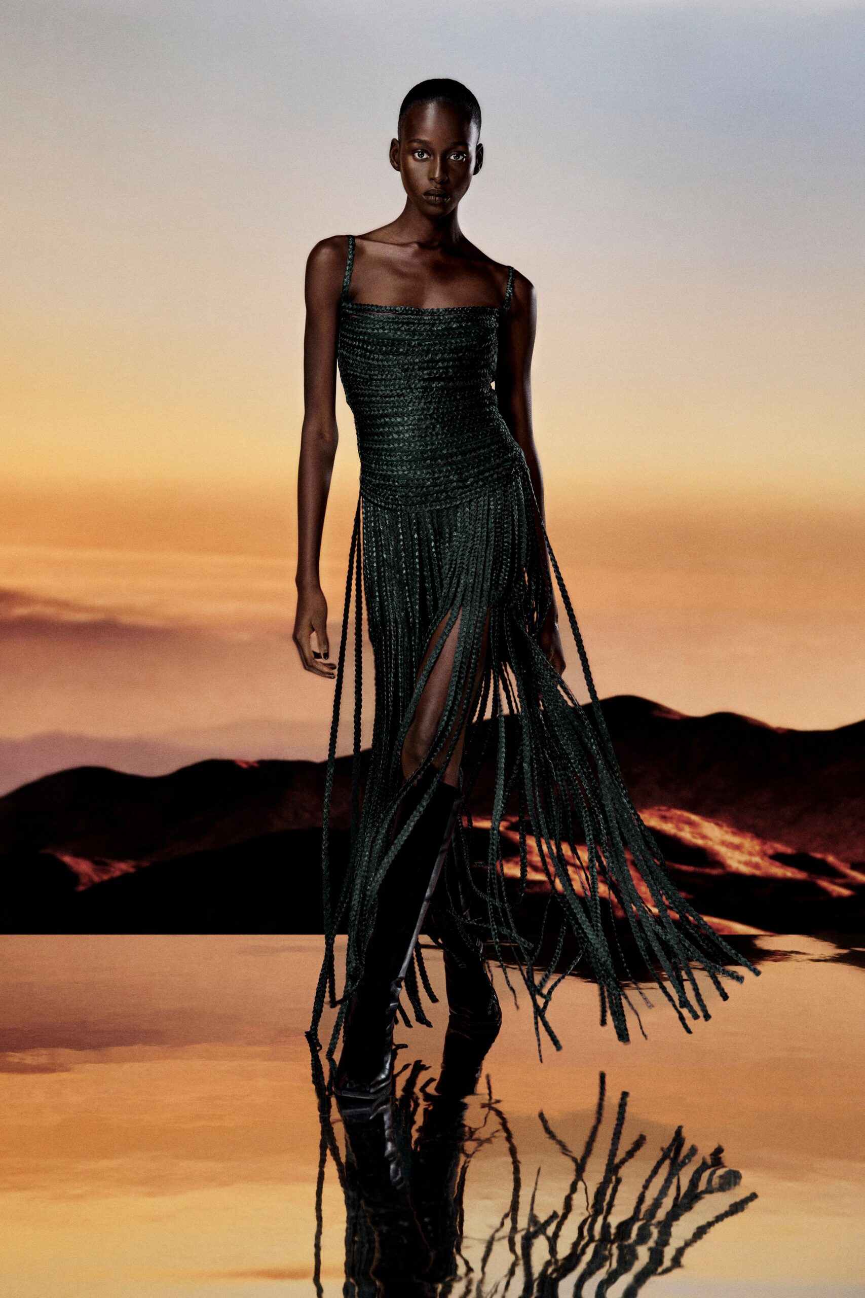 green silk sleeveless v-neck fitted fringed flowing dress
