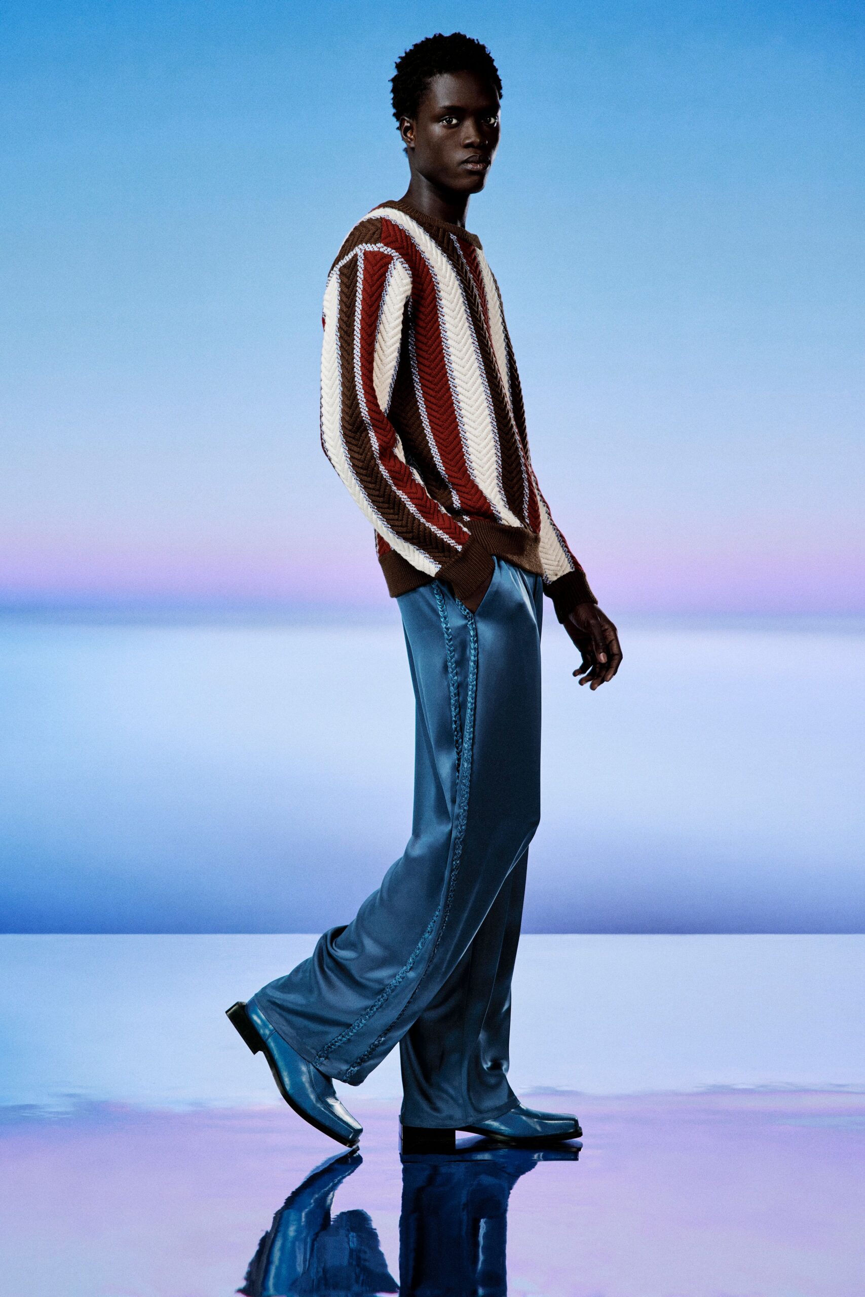 red wool long-sleeve collared relaxed striped sweater