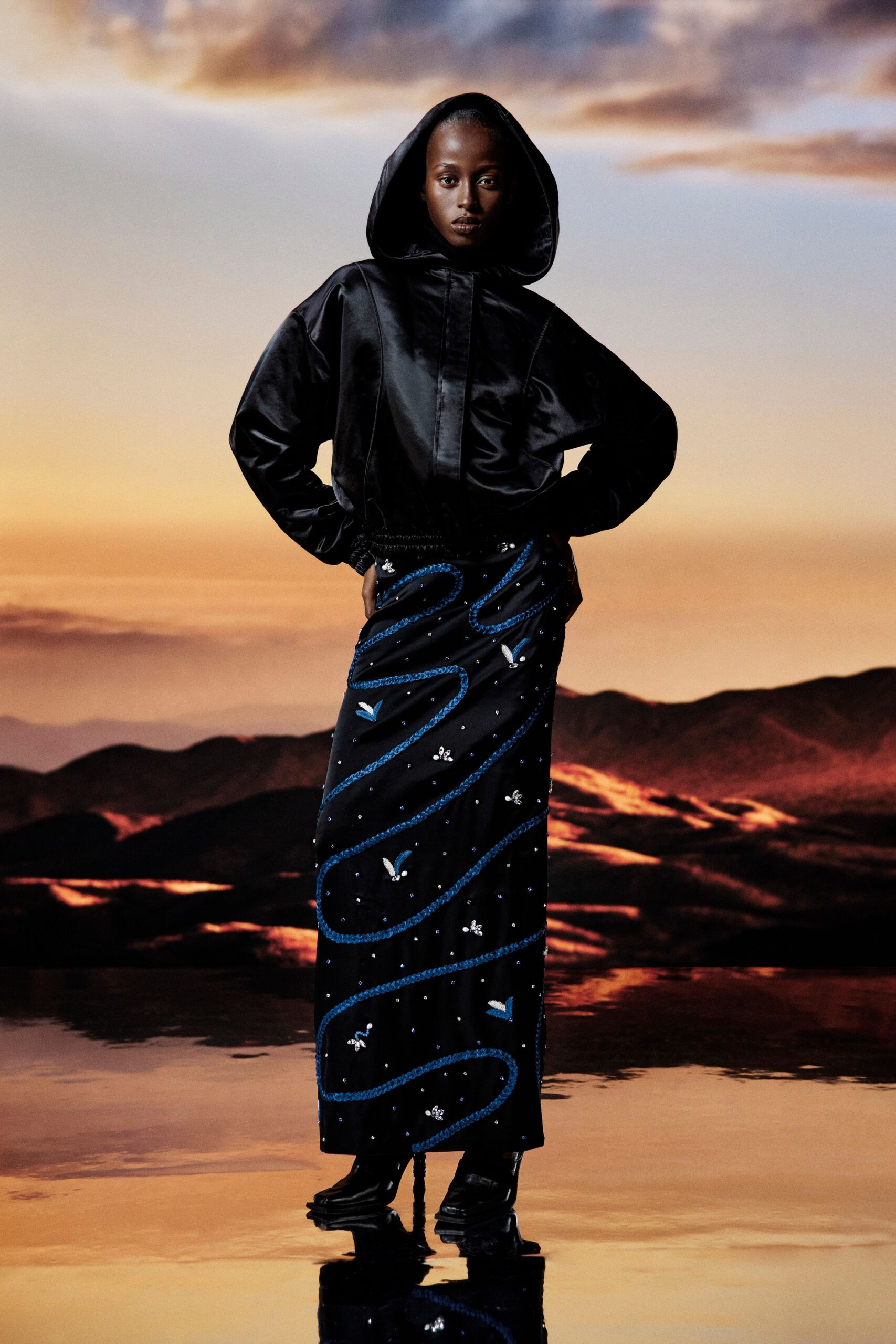 black satin long-sleeve hooded relaxed hoodie