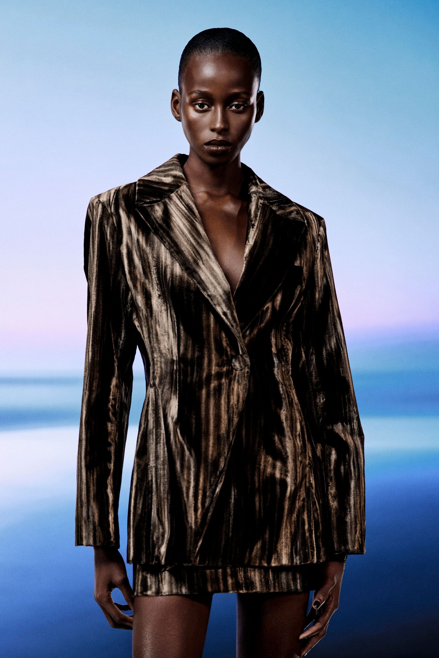 brown velvet long-sleeve v-neck tailored striped blazer