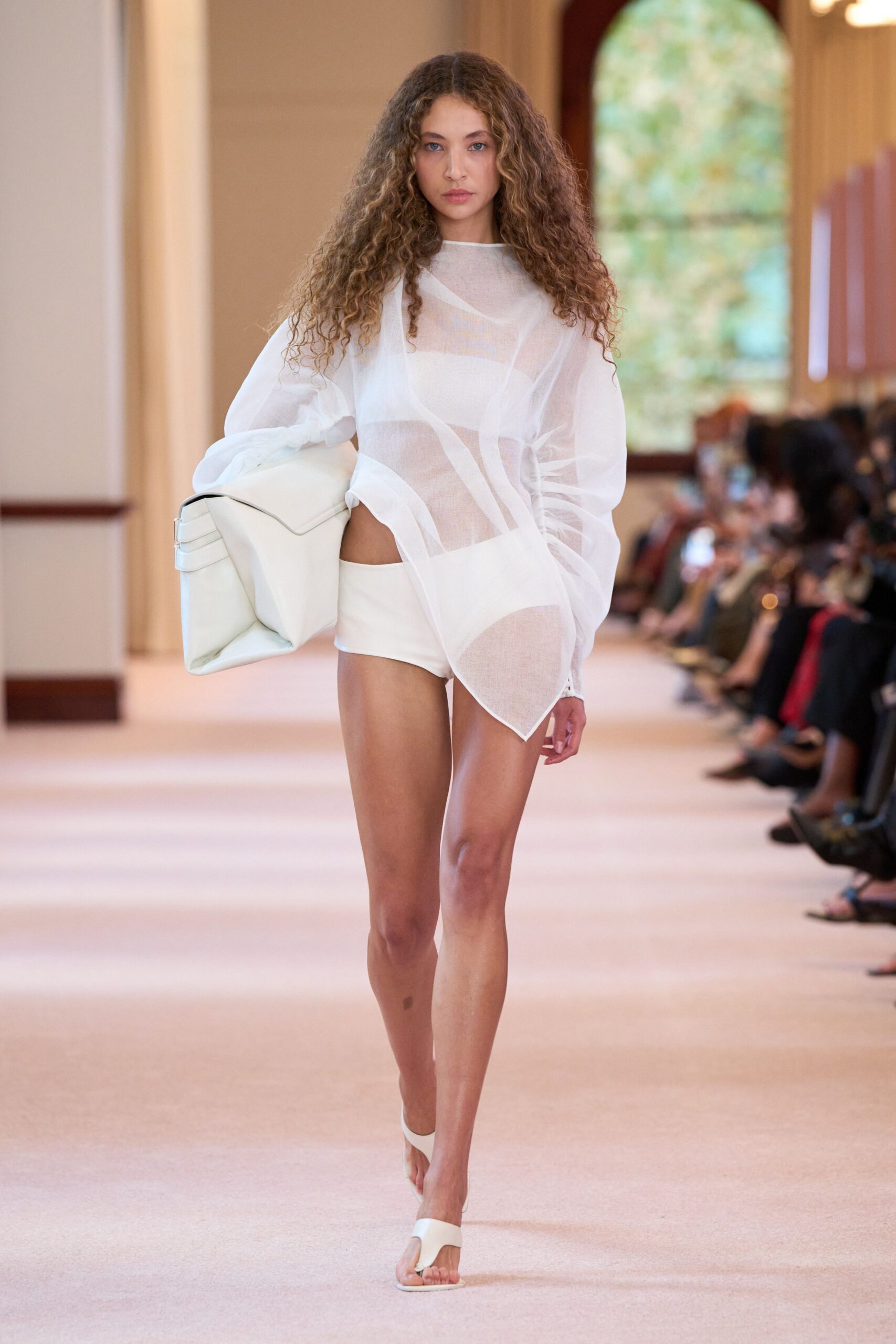 white chiffon long-sleeve v-neck relaxed sheer flowing top