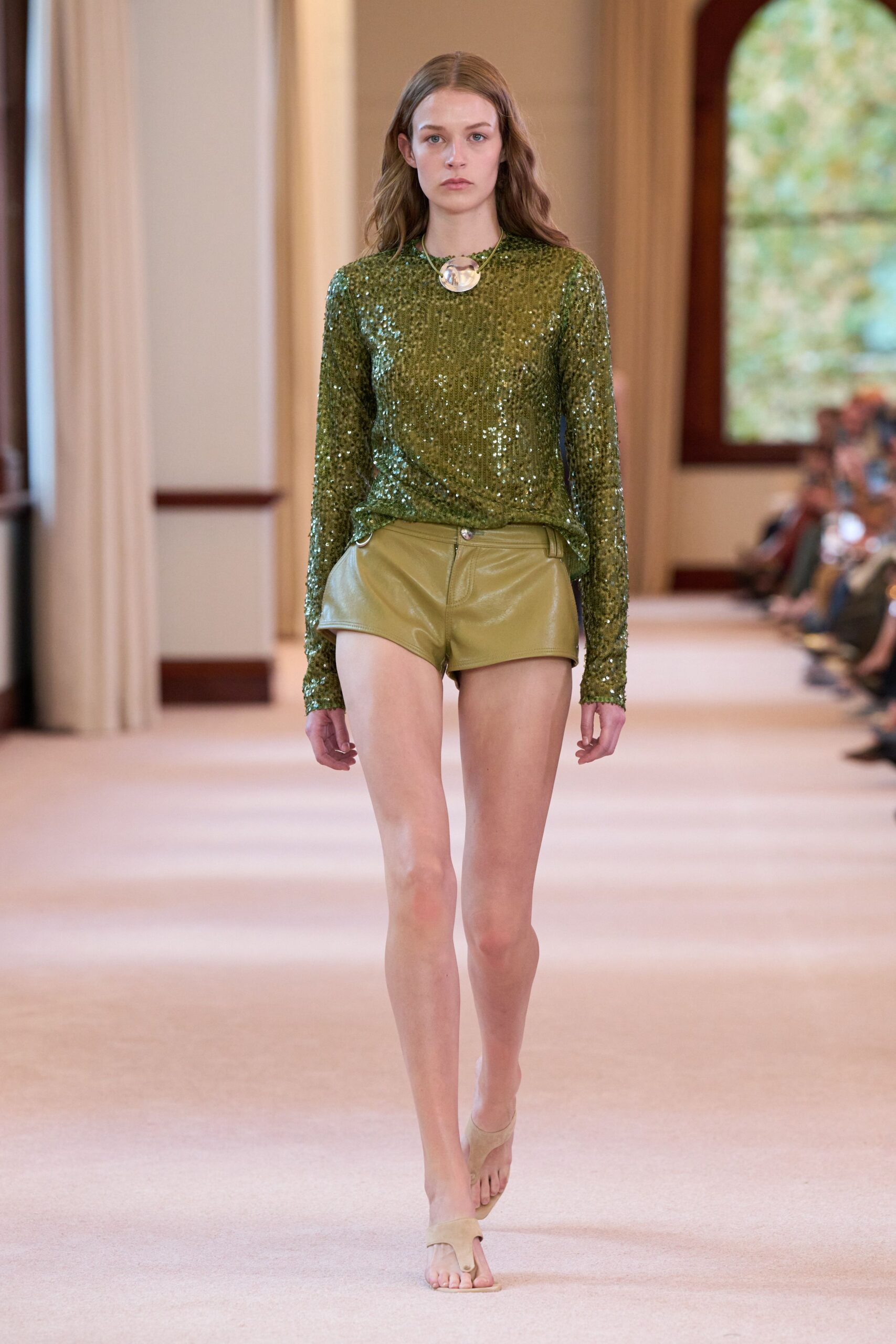 green leather fitted short shorts