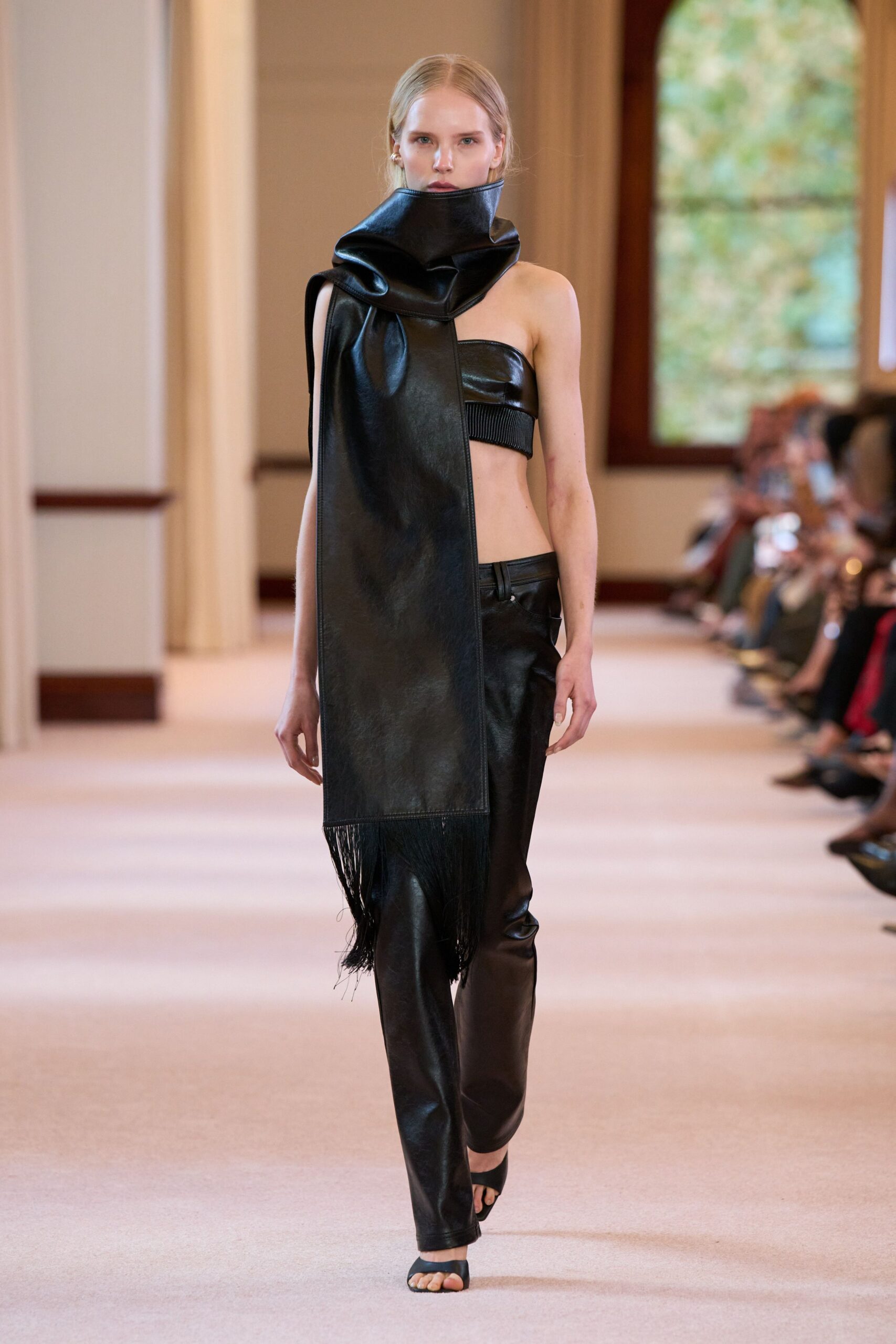 black leather sleeveless strapless fitted fringed top