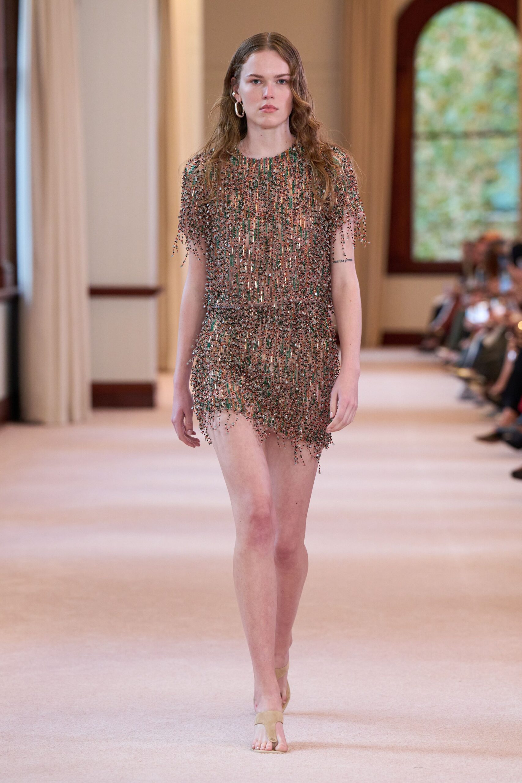 multi silk sleeveless high-neck fitted fringed sheer mini-dress