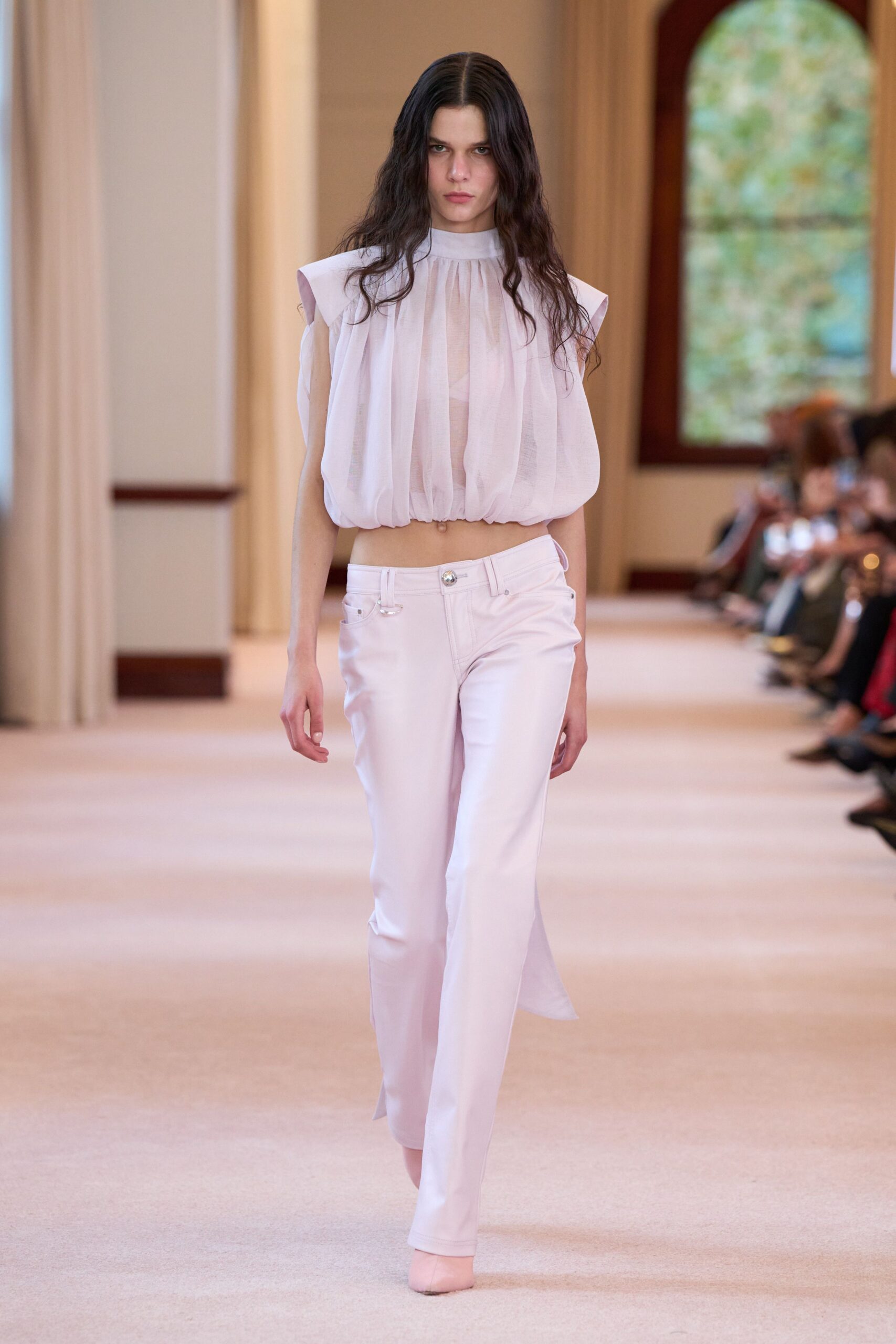 pink cotton long-sleeve fitted straight-leg pants