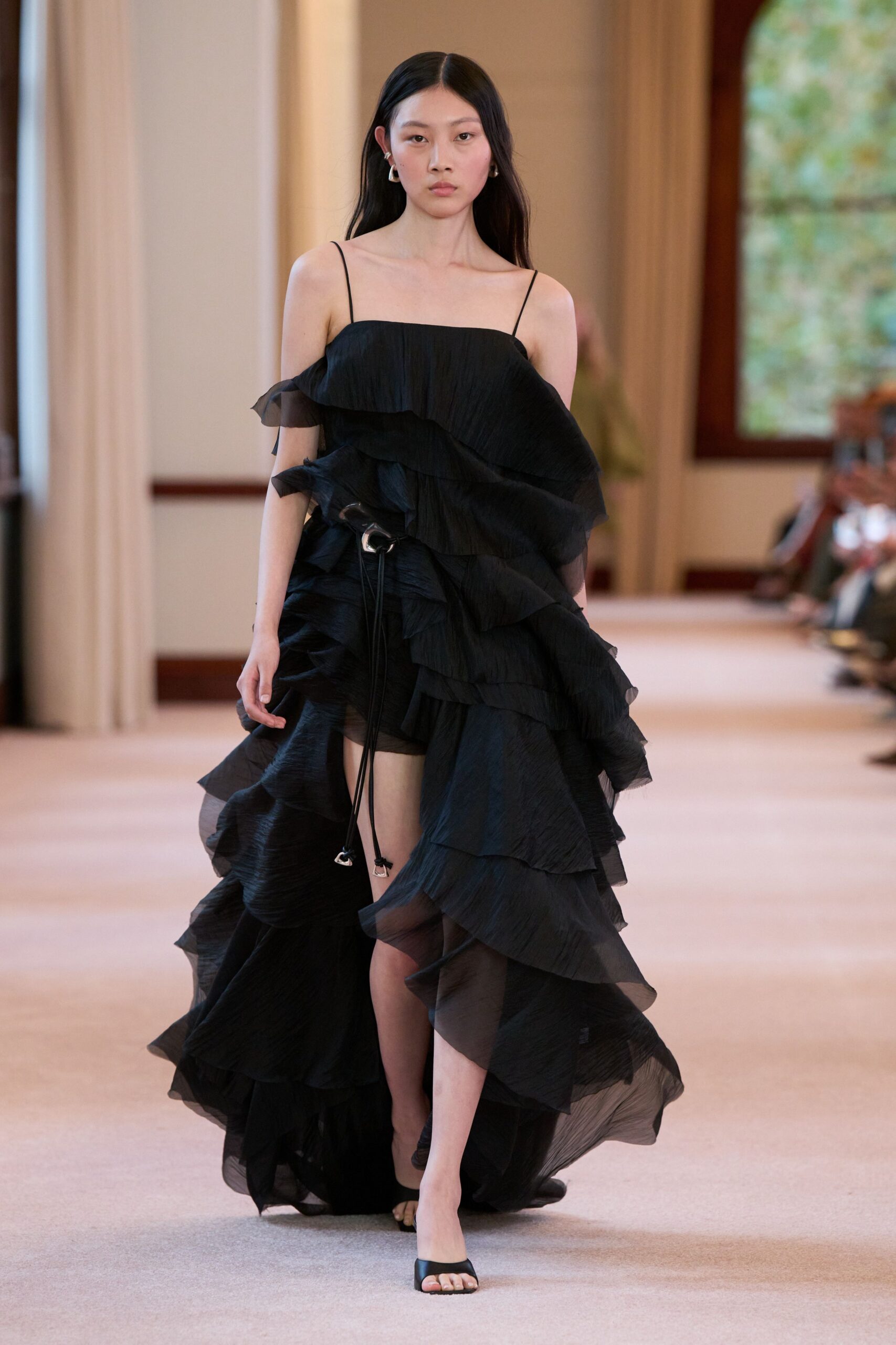 black silk sleeveless v-neck fitted ruffled layered gown