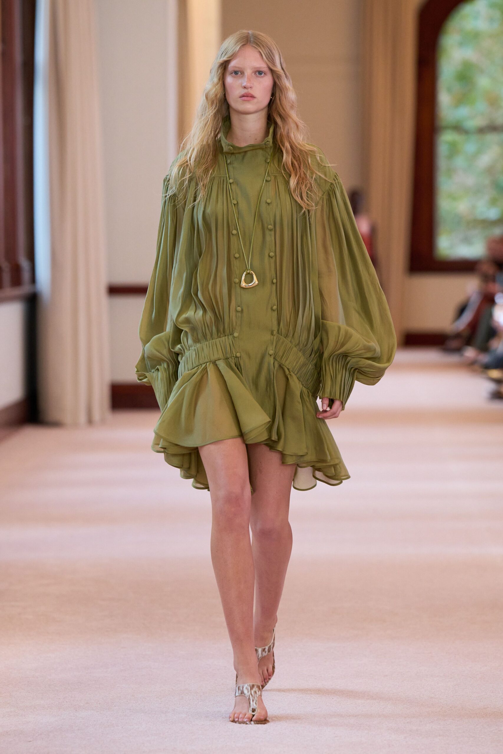 green silk long-sleeve collared fitted pleated draped dress