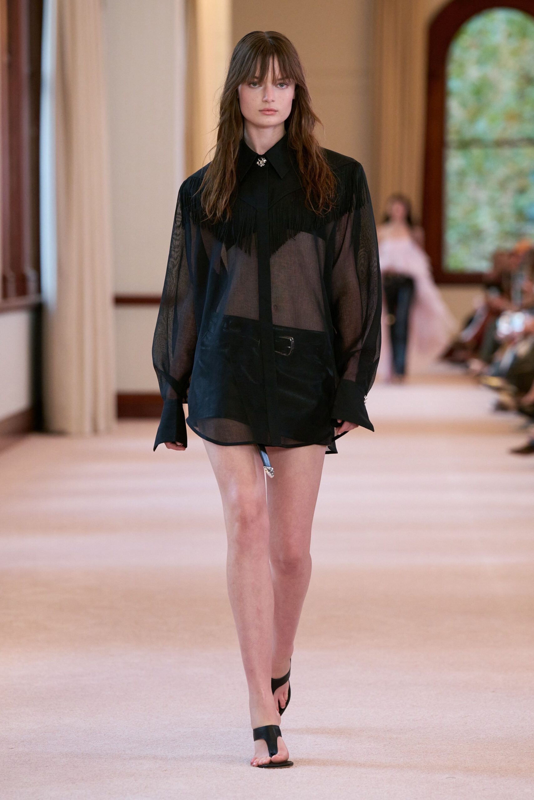 black silk long-sleeve collared relaxed fringed sheer shirt