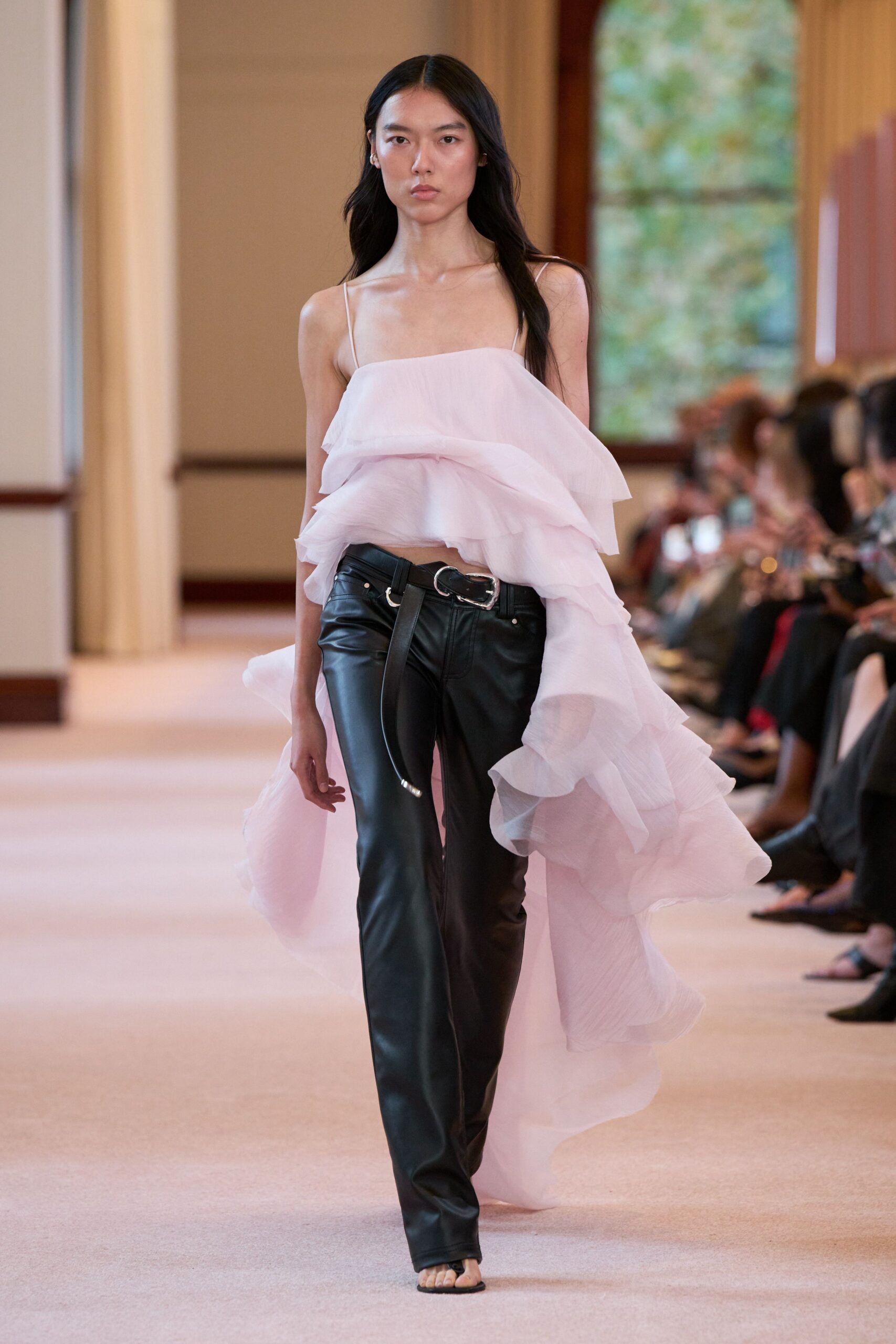 pink silk sleeveless v-neck fitted layered ruffled dress