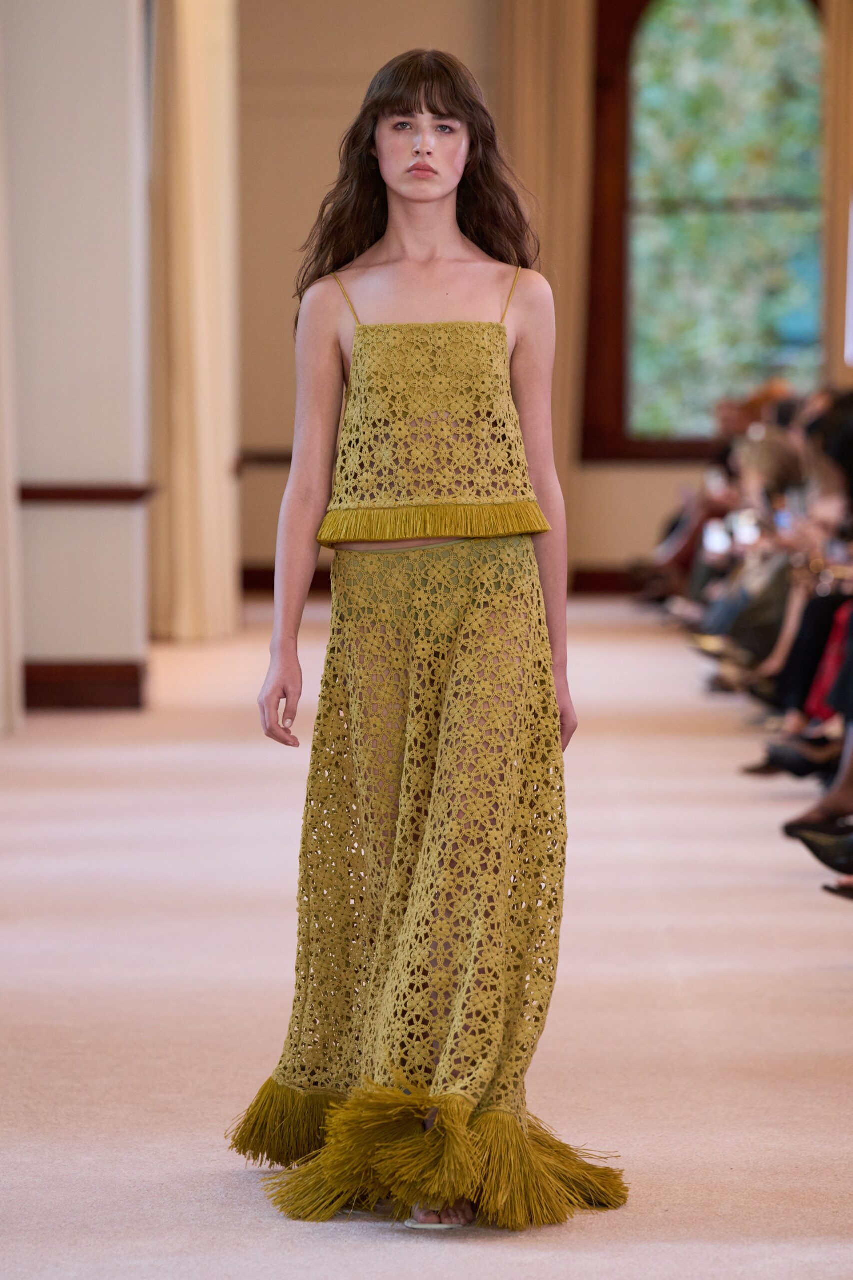 yellow fringed top and skirt