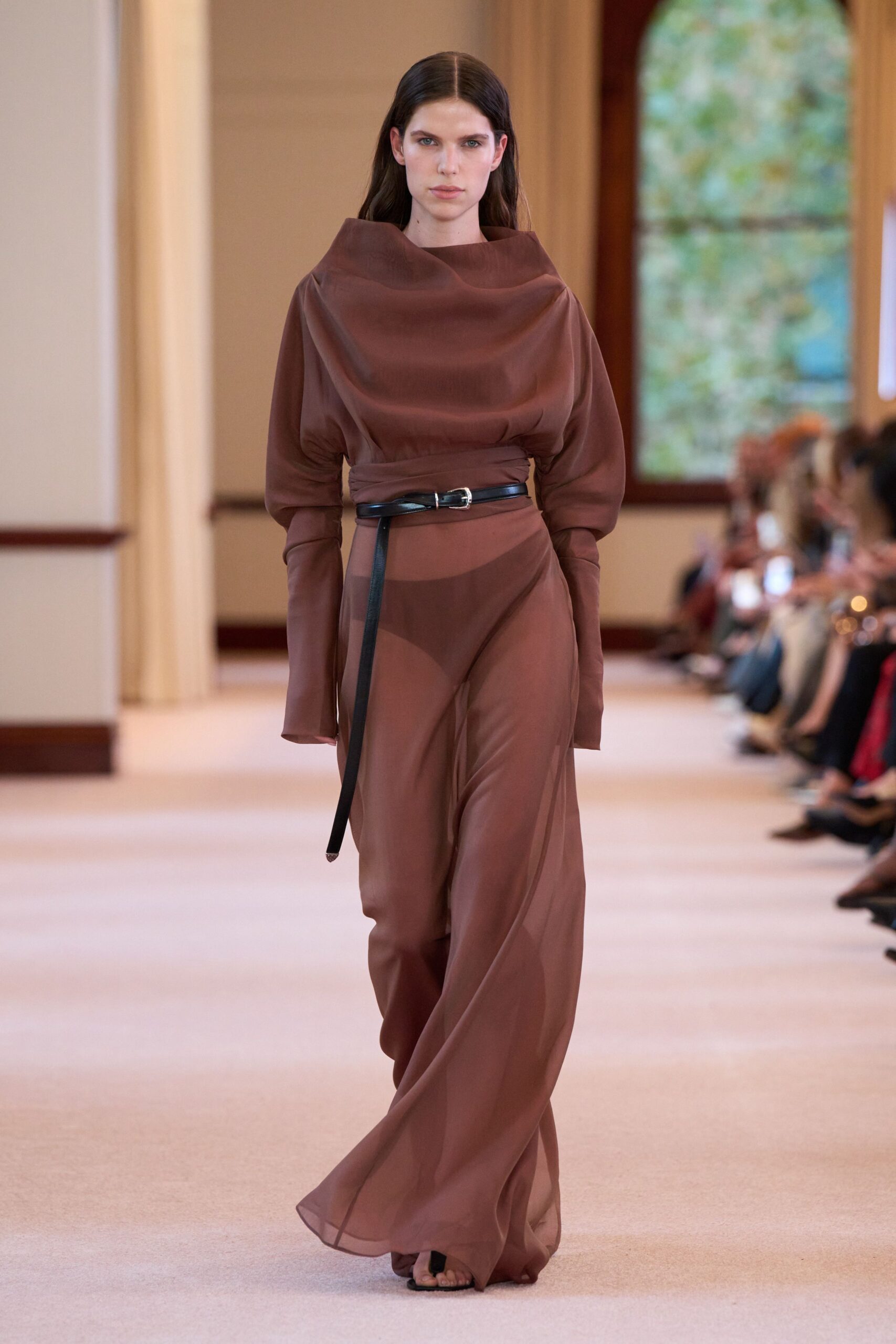 brown silk long-sleeve high-neck fitted draped flowing dress