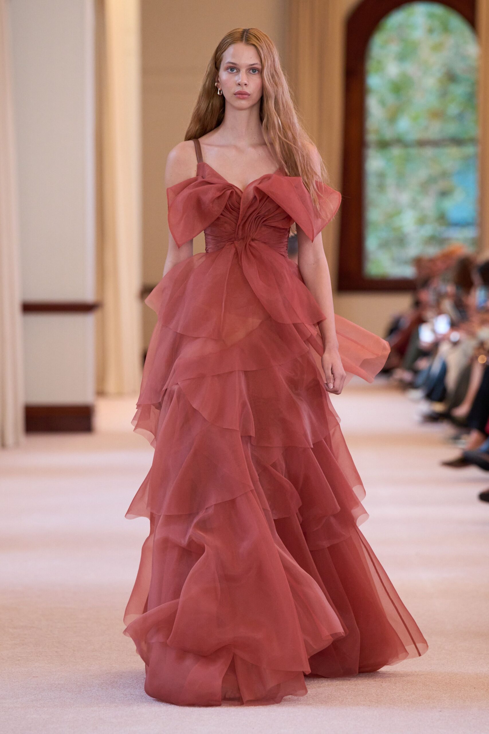 red tulle off-shoulder gown