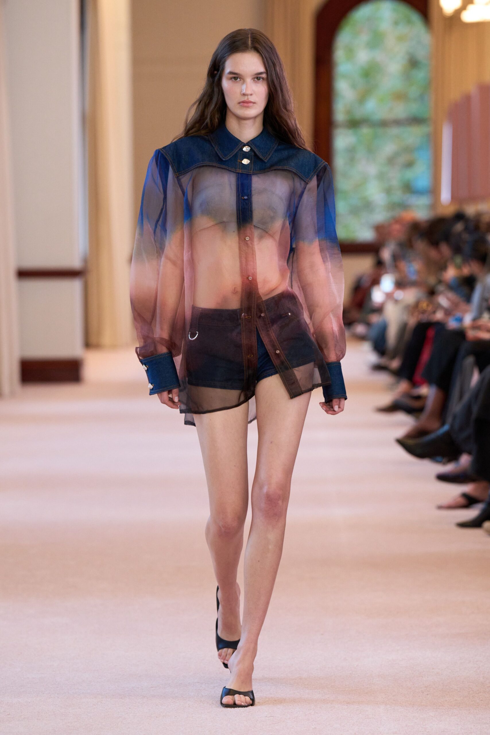 blue silk long-sleeve collared relaxed sheer shirt