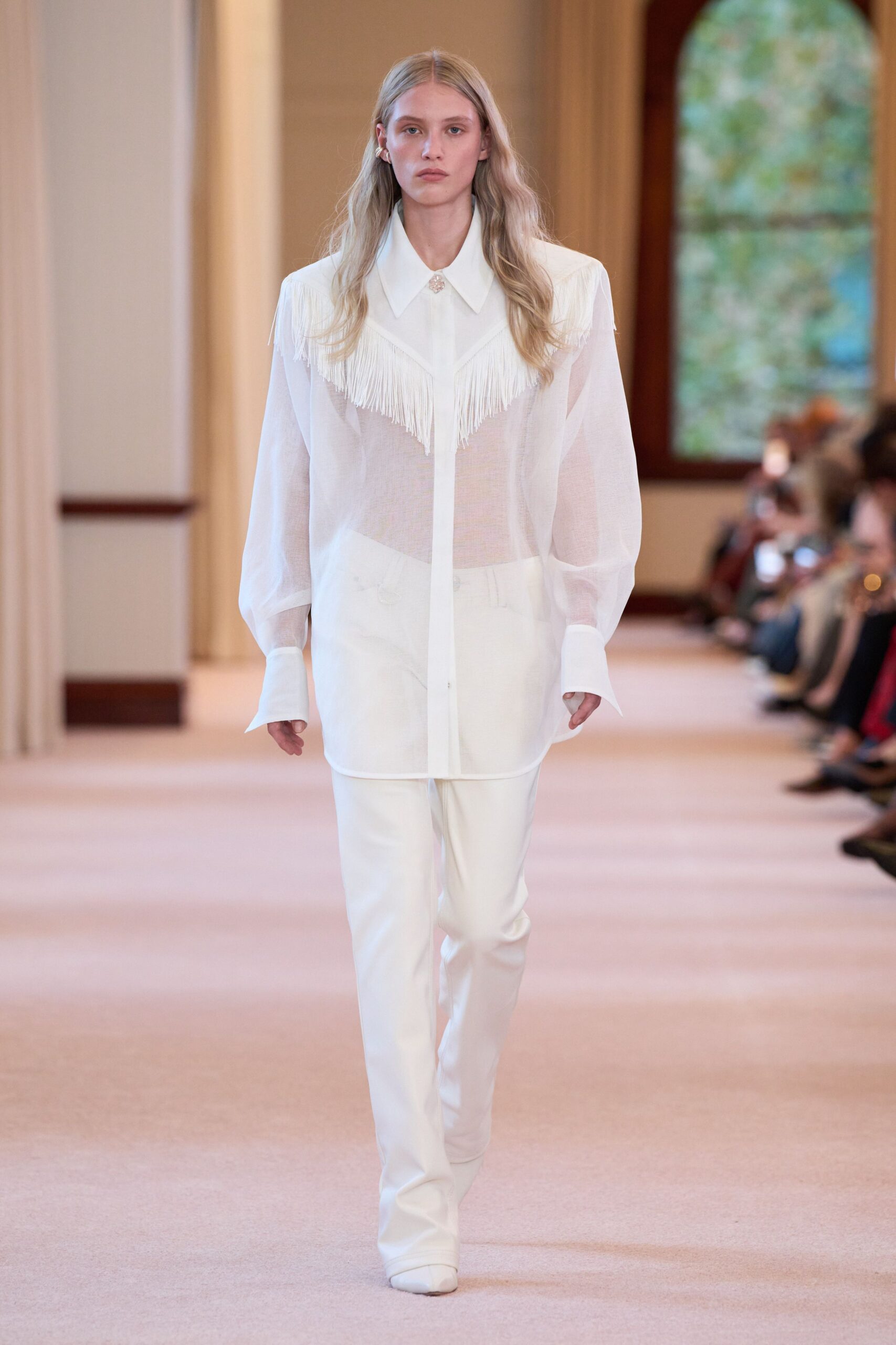 white cotton long-sleeve collared relaxed fringed sheer shirt