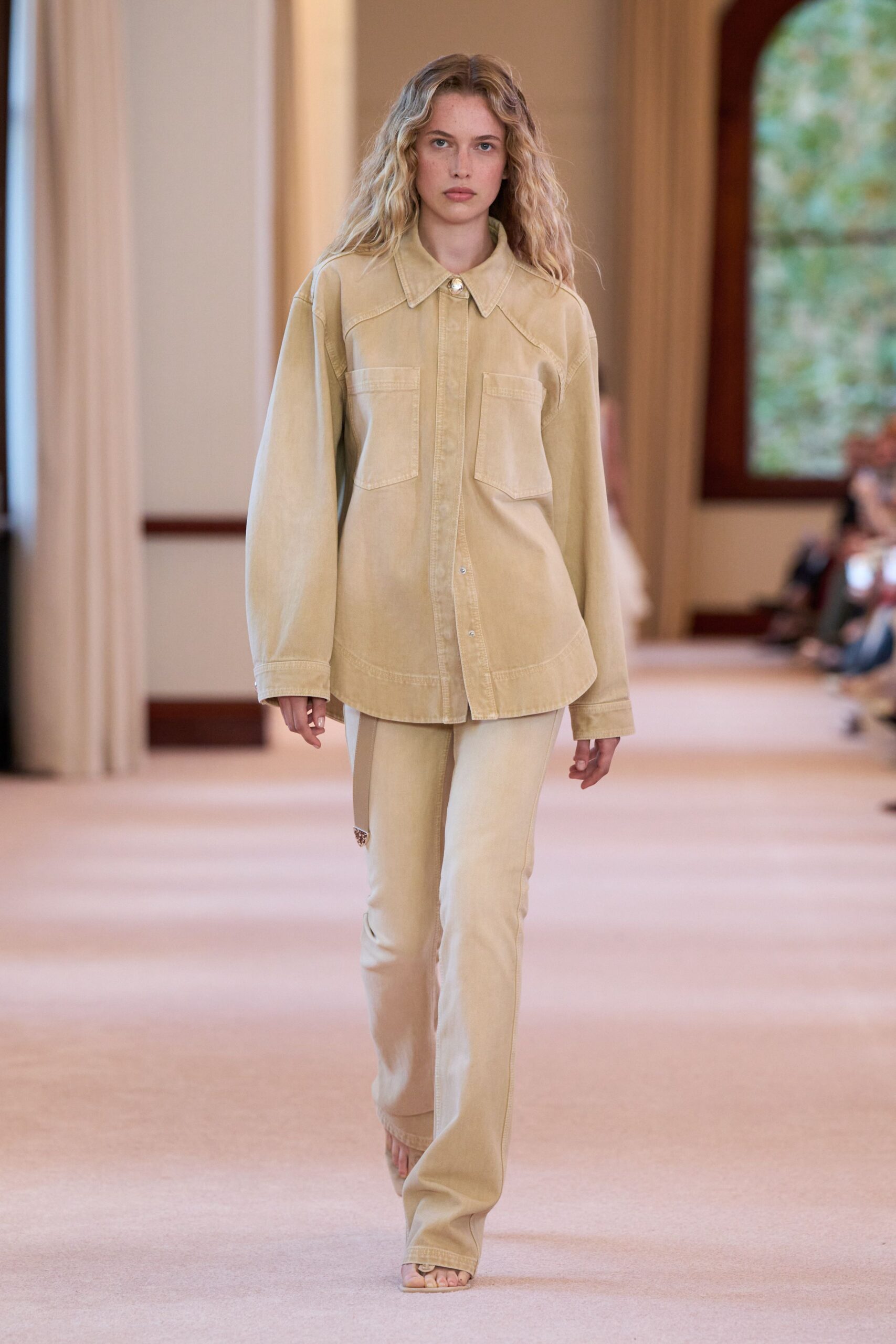 beige denim long-sleeve collared relaxed shirt