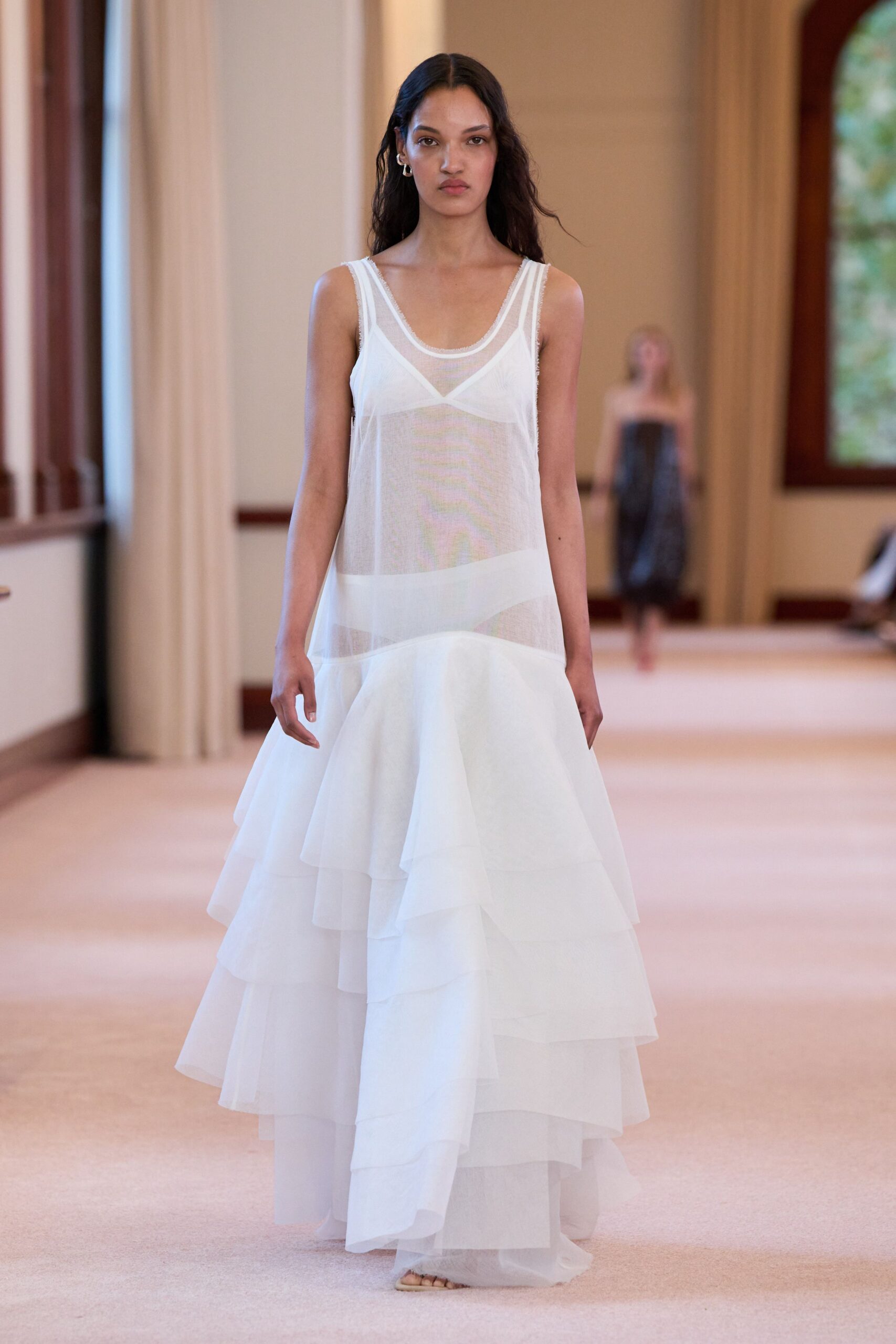 white tiered sleeveless dress