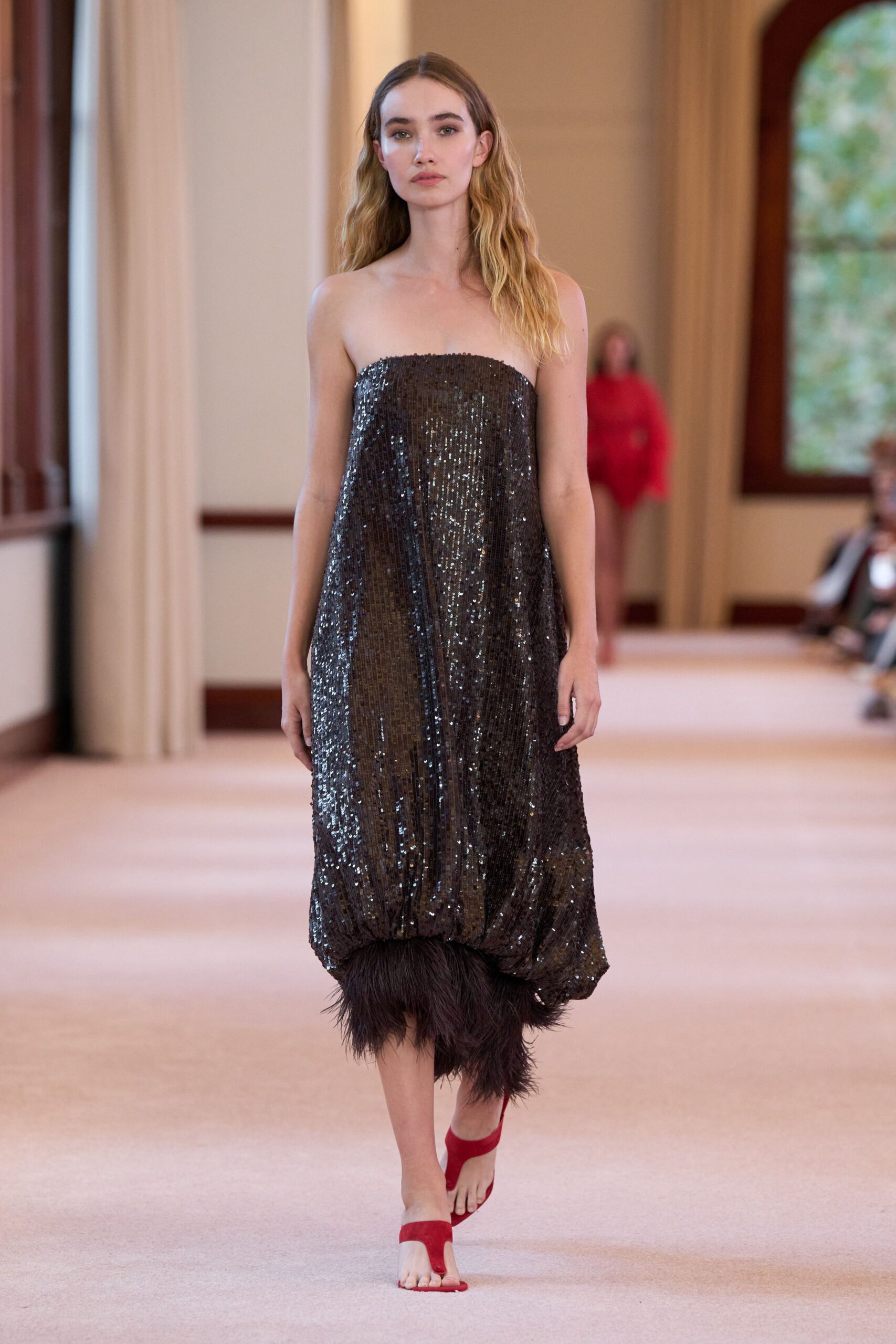 black sequin strapless fitted ruffled shiny midi dress