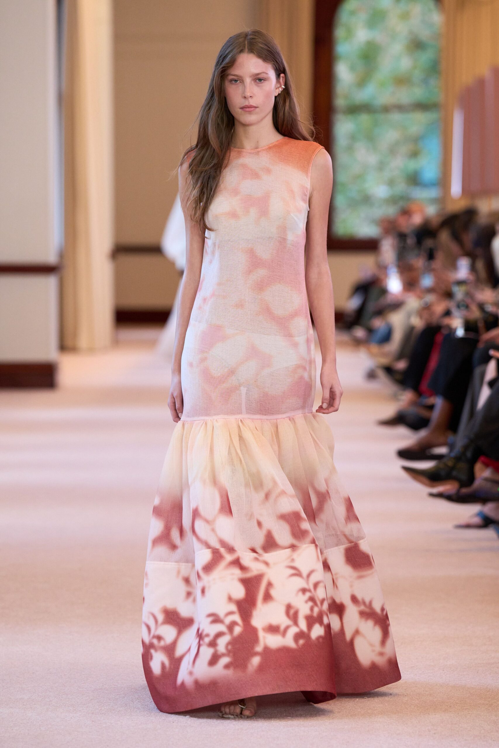 pink and beige flowing gown