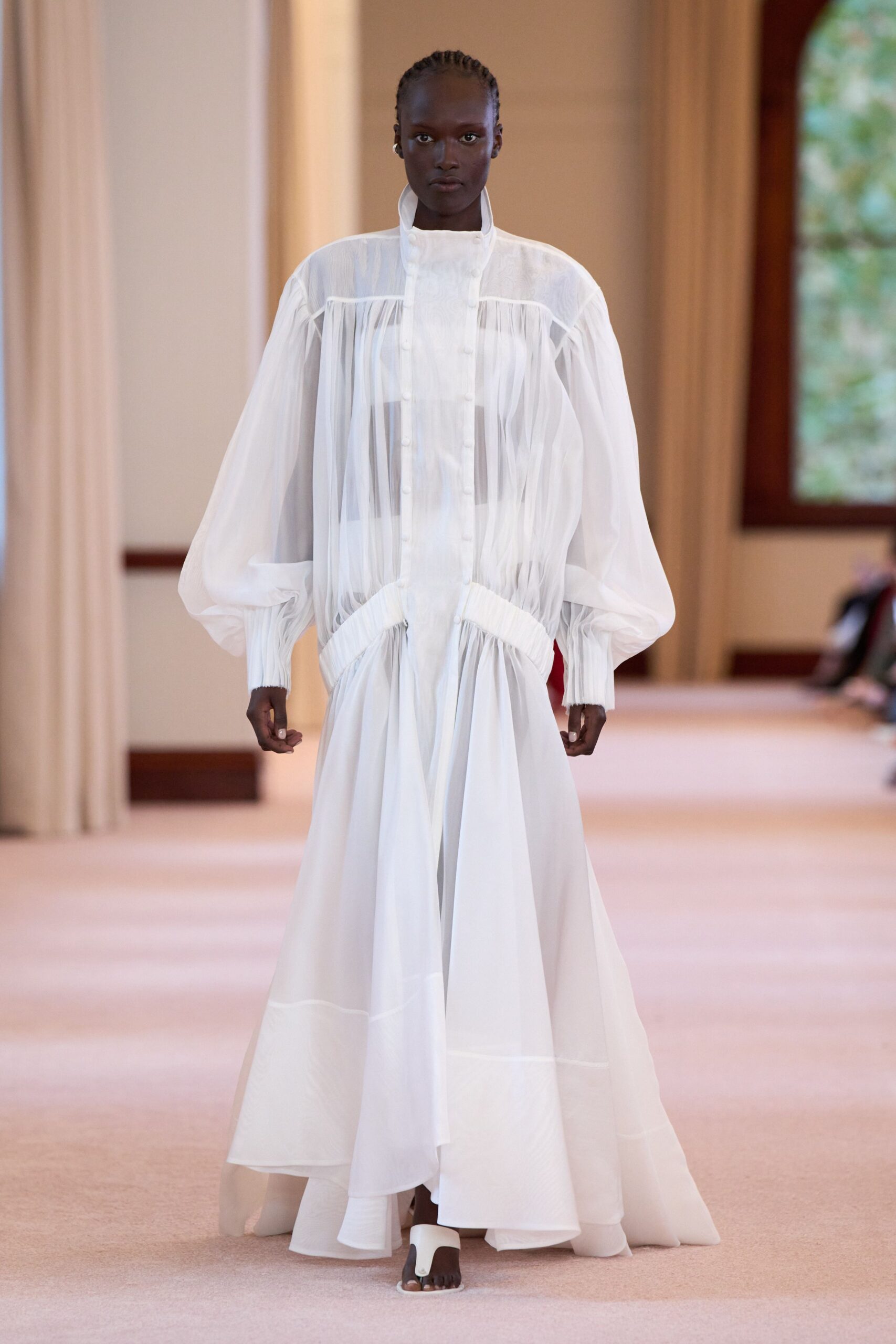 white silk long-sleeve collared relaxed pleated layered dress