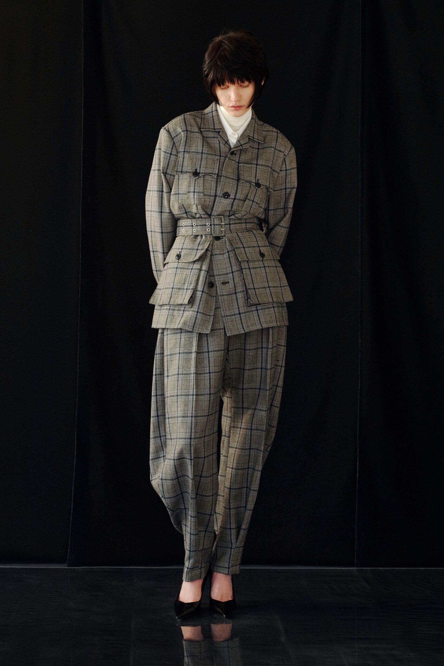 gray wool long-sleeve collared tailored checked belted blazer