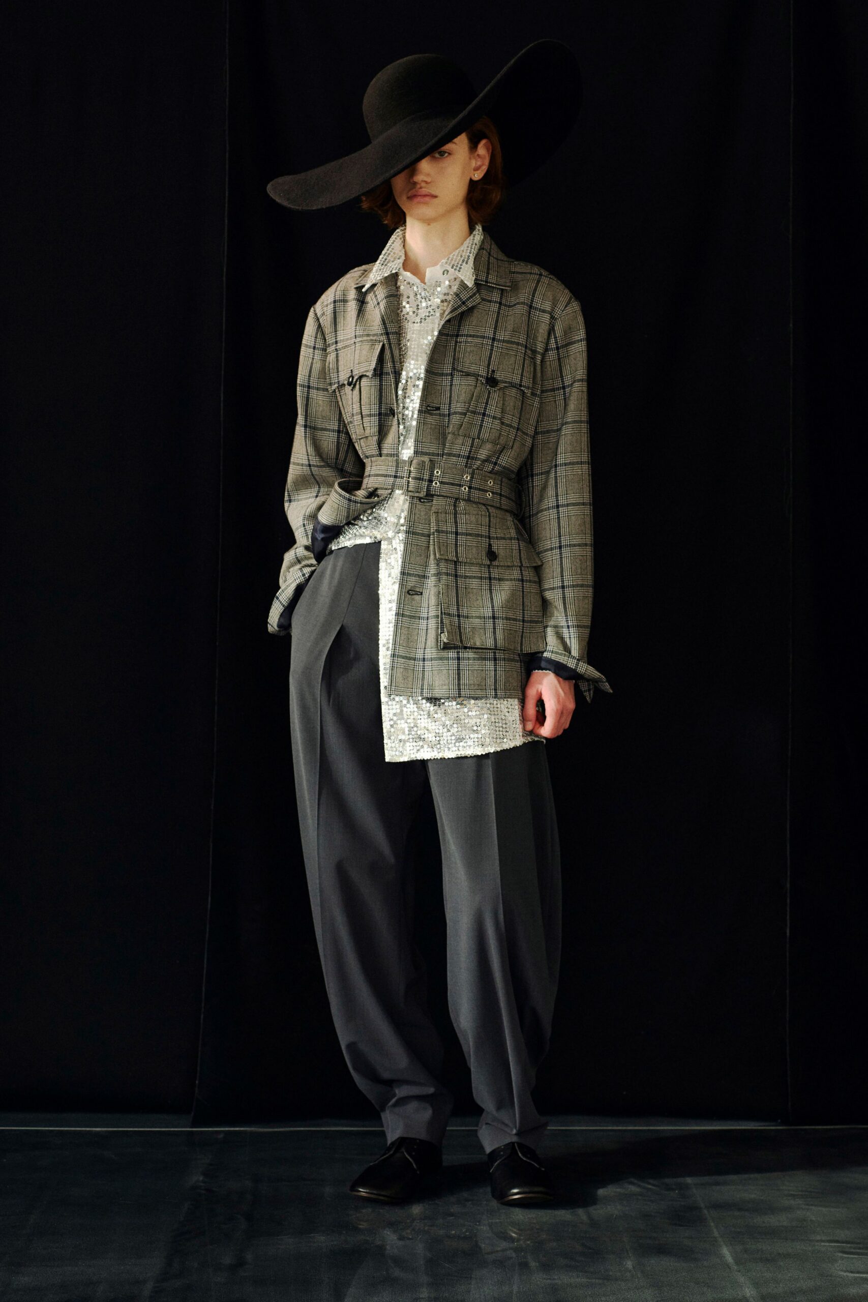 gray cotton long-sleeve collared relaxed checked belted jacket