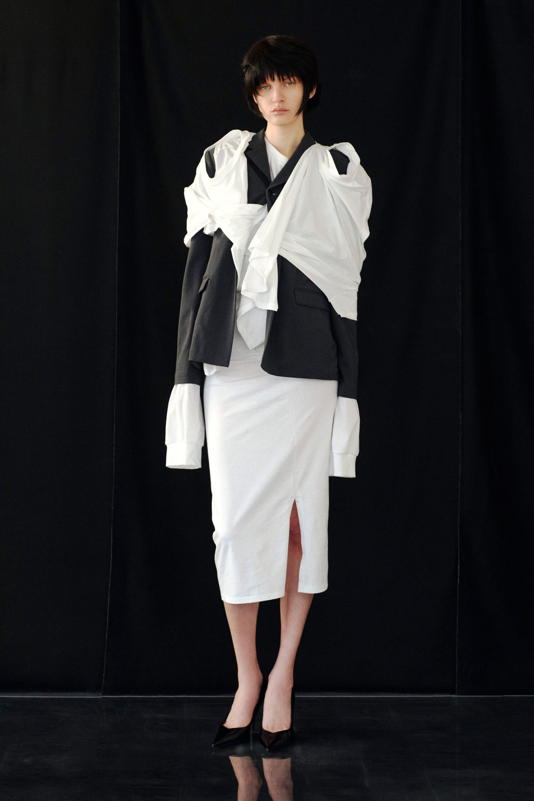 white cotton slit fitted midi skirt