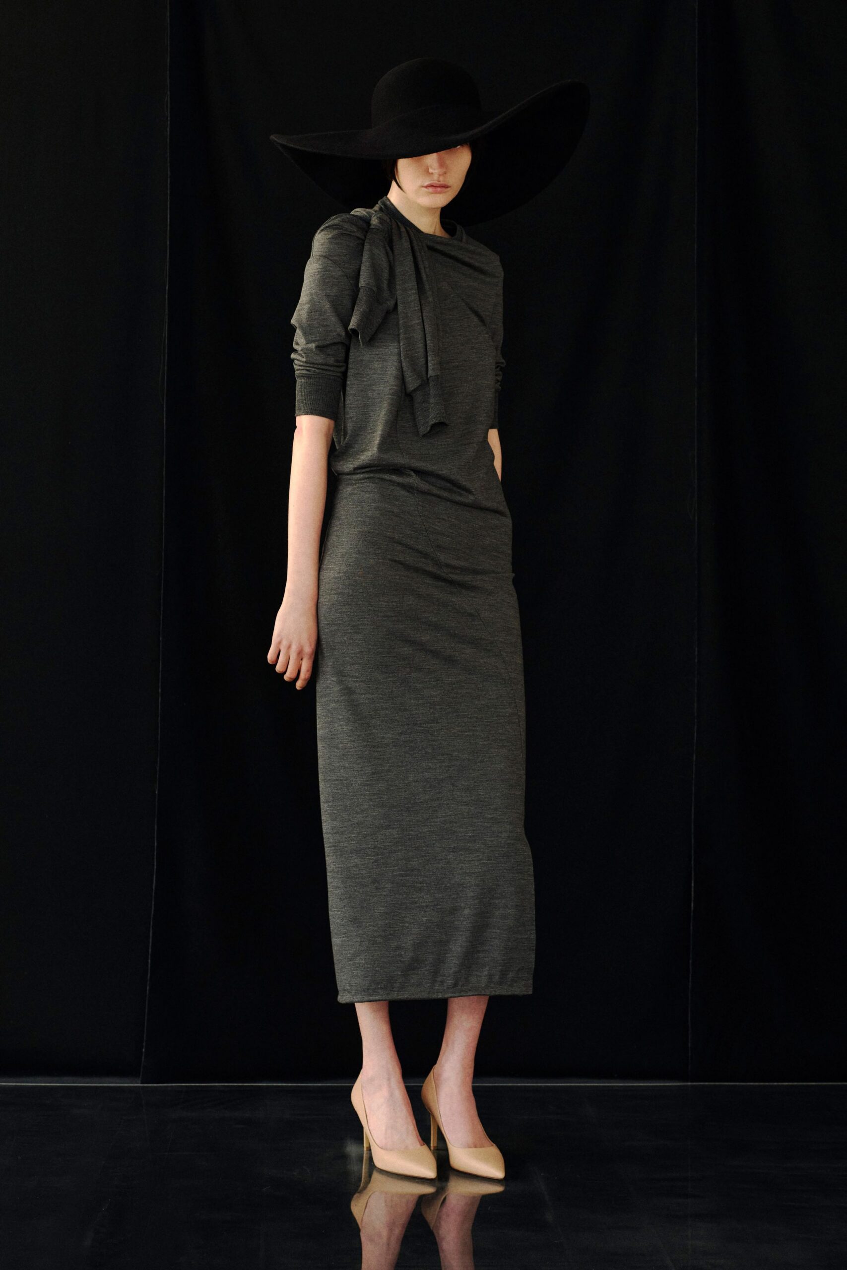 gray cotton long-sleeve high-neck fitted draped midi dress