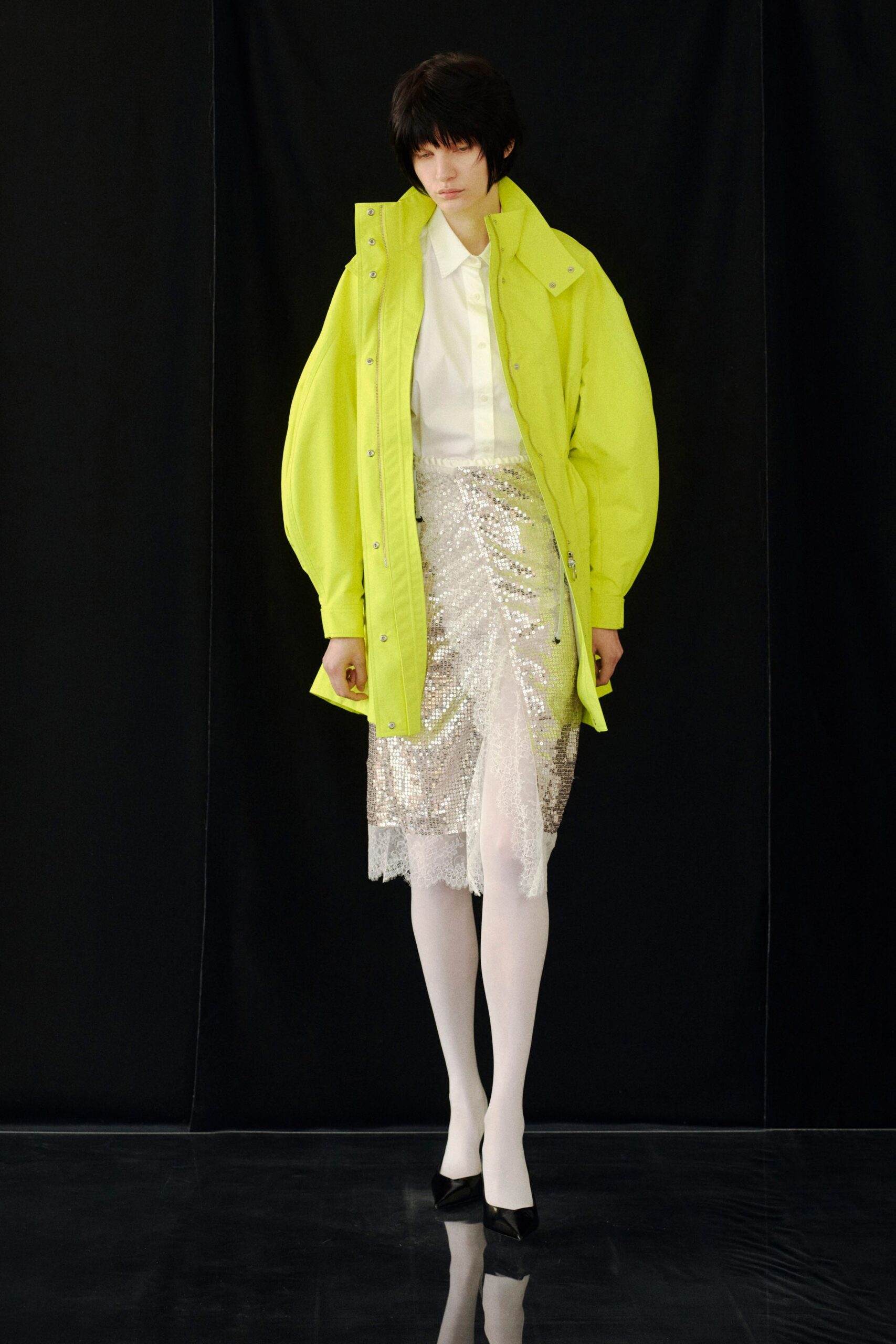 yellow vinyl long-sleeve collared oversized zippered coat