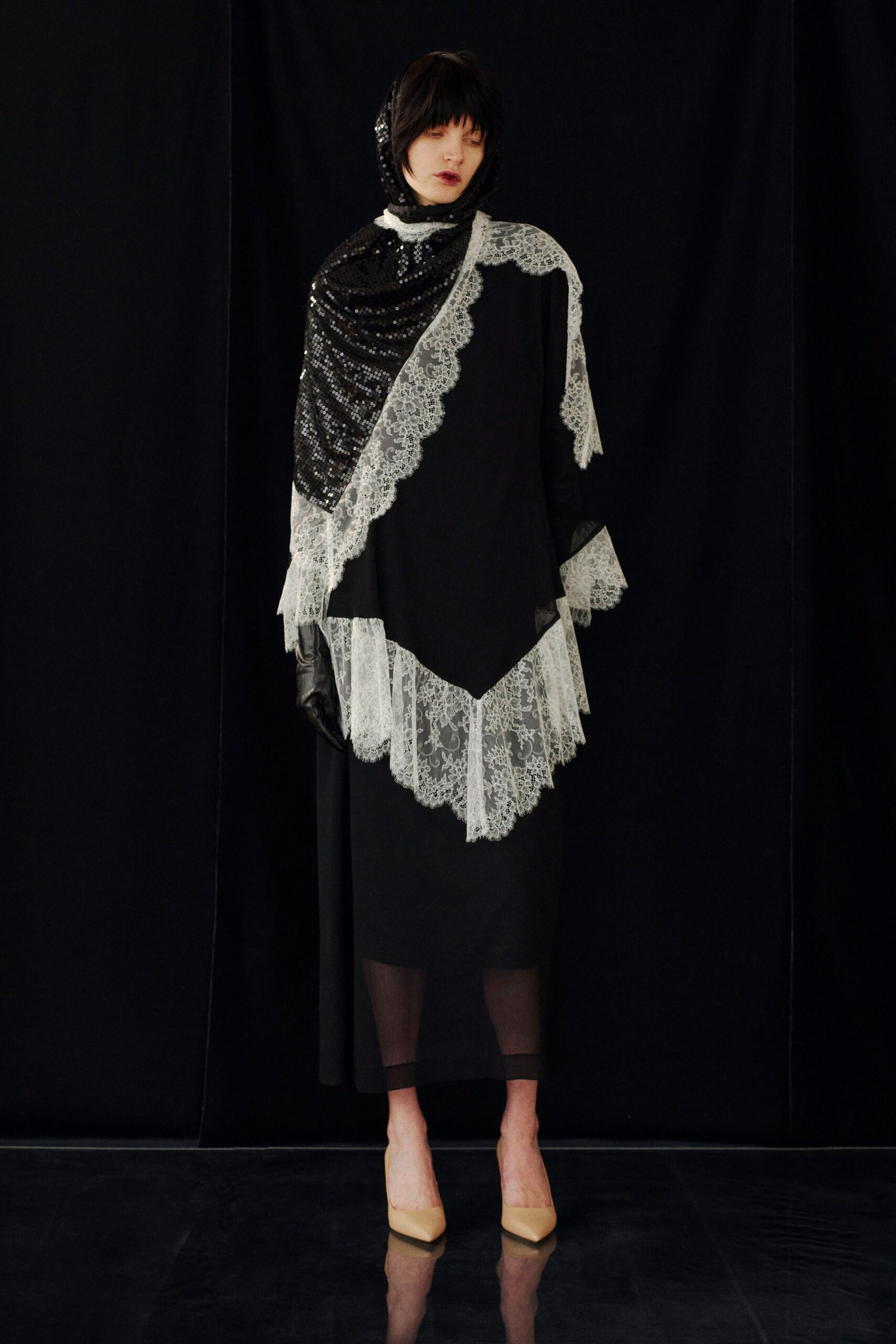 black silk long-sleeve high-neck fitted layered embroidered dress