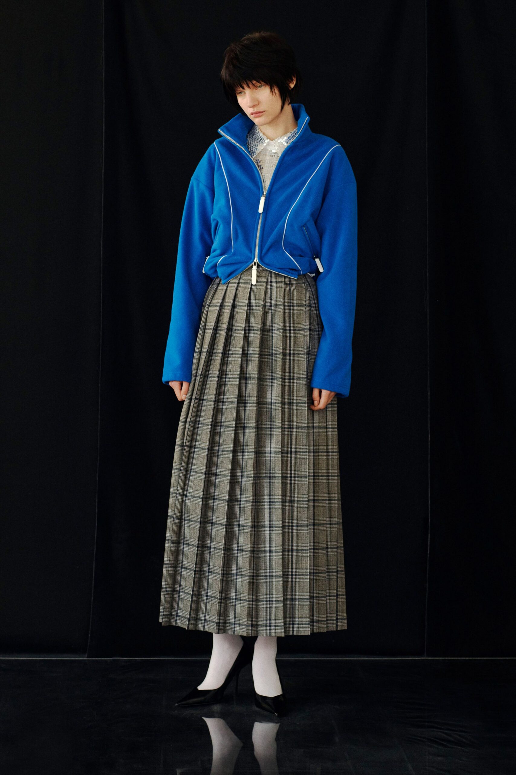 gray cotton fitted checked pleated maxi skirt
