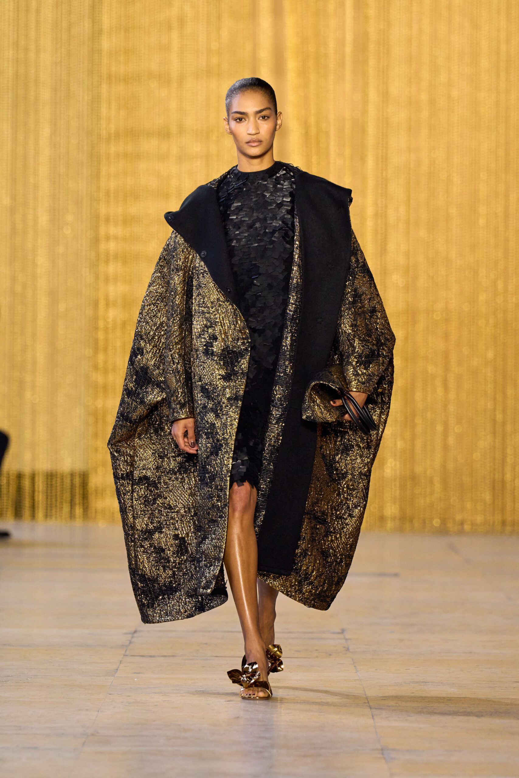 gold silk long-sleeve oversized layered shiny coat