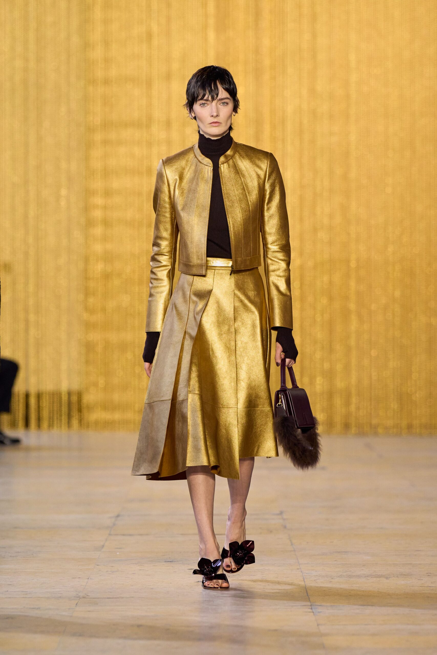 gold metallic fitted pleated a-line midi skirt