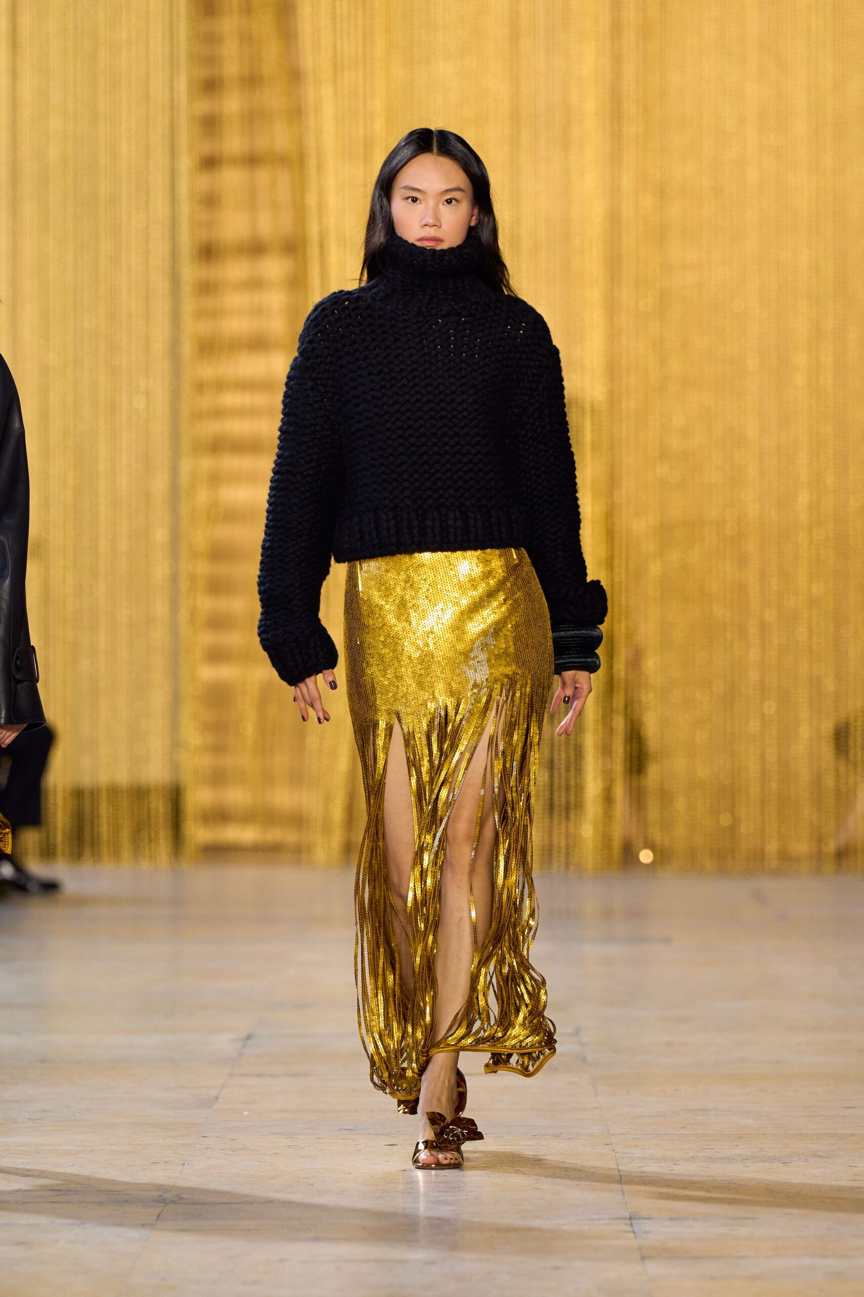 gold silk slit fitted pleated shiny skirt