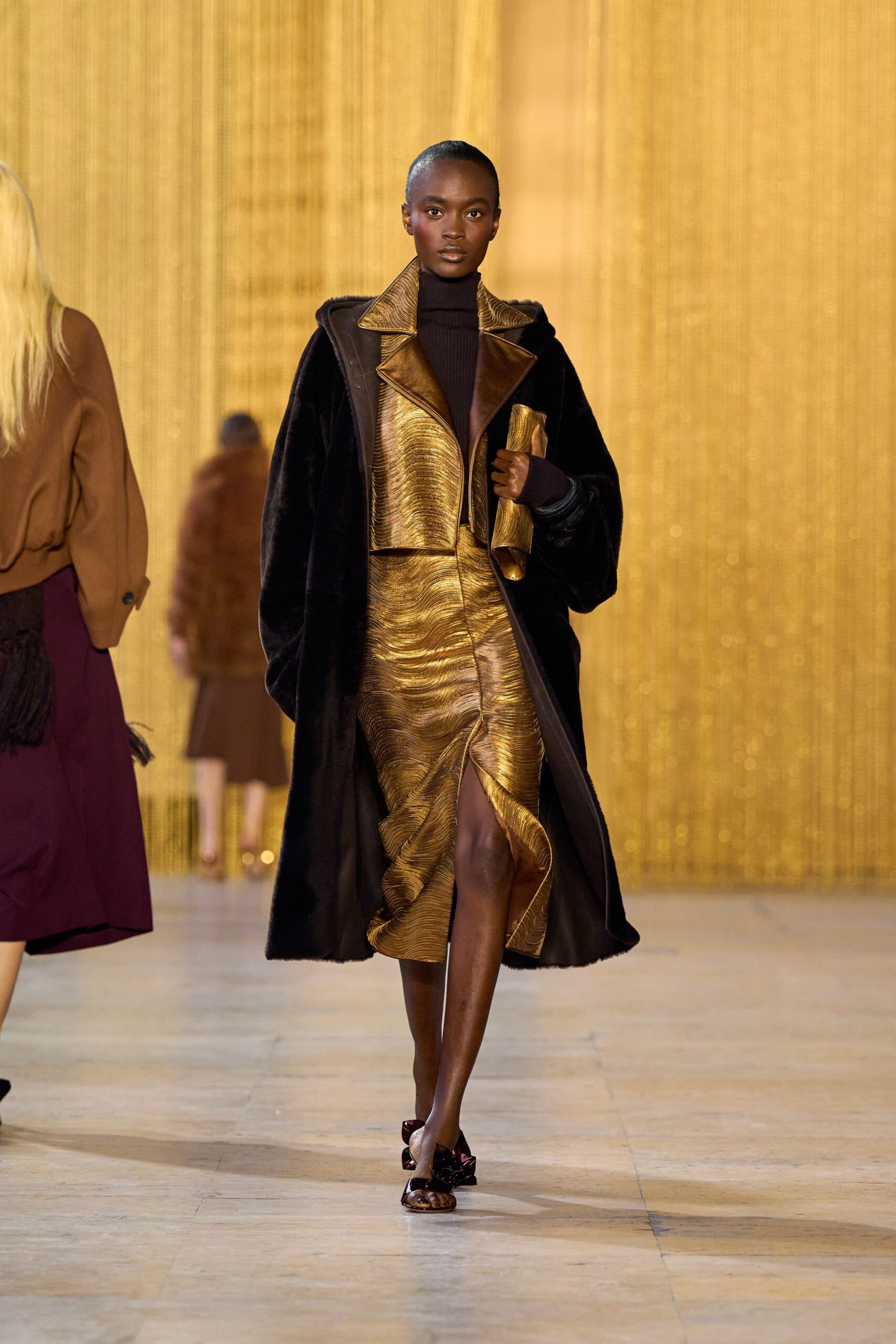 gold silk sleeveless v-neck fitted shiny dress